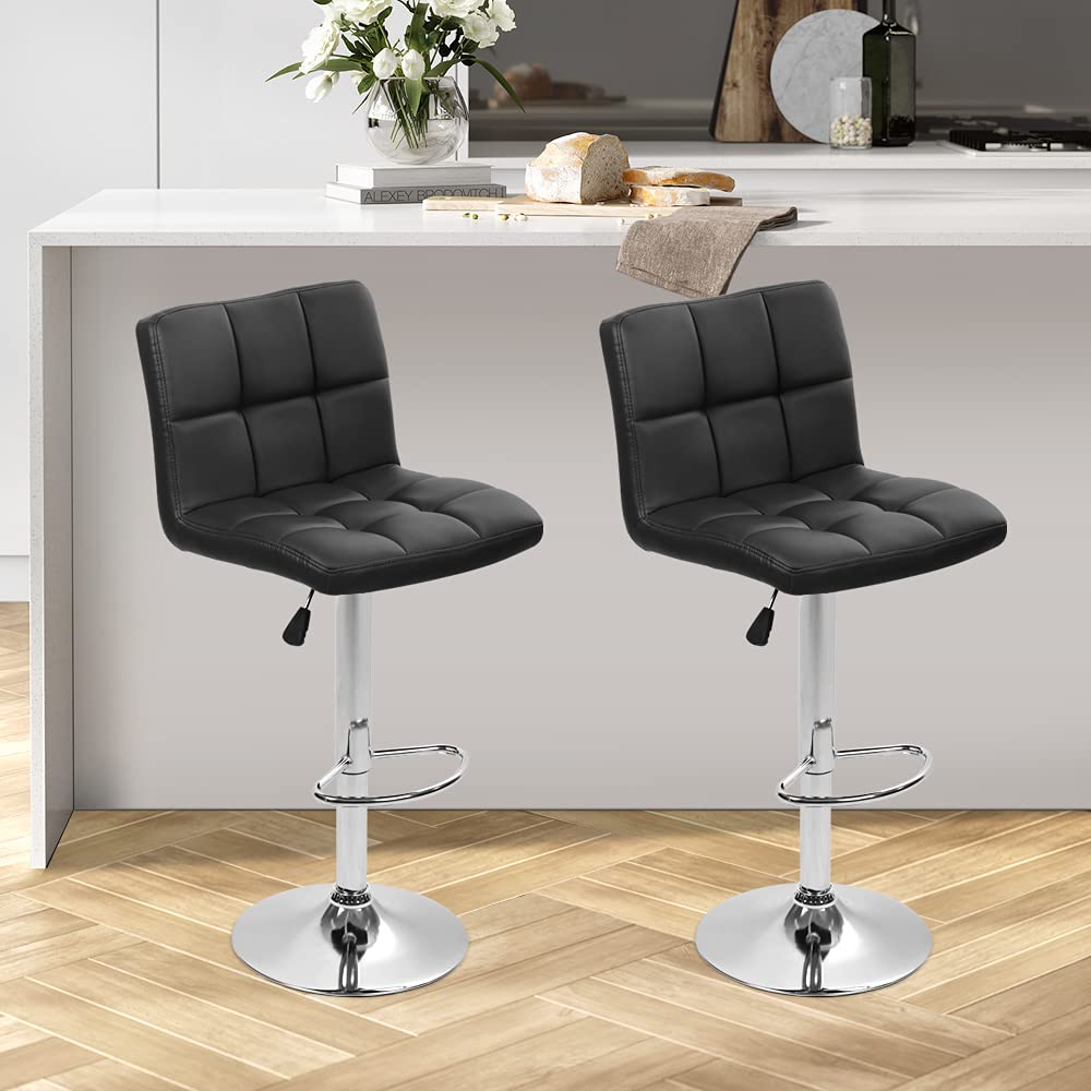 Modern PU Leather Swivel Bar Stools Set of 2 - Adjustable Height Counter Stools with Chrome Base & Footrest, Black - Perfect for Kitchen Islands, Breakfast Bars & Home Bars