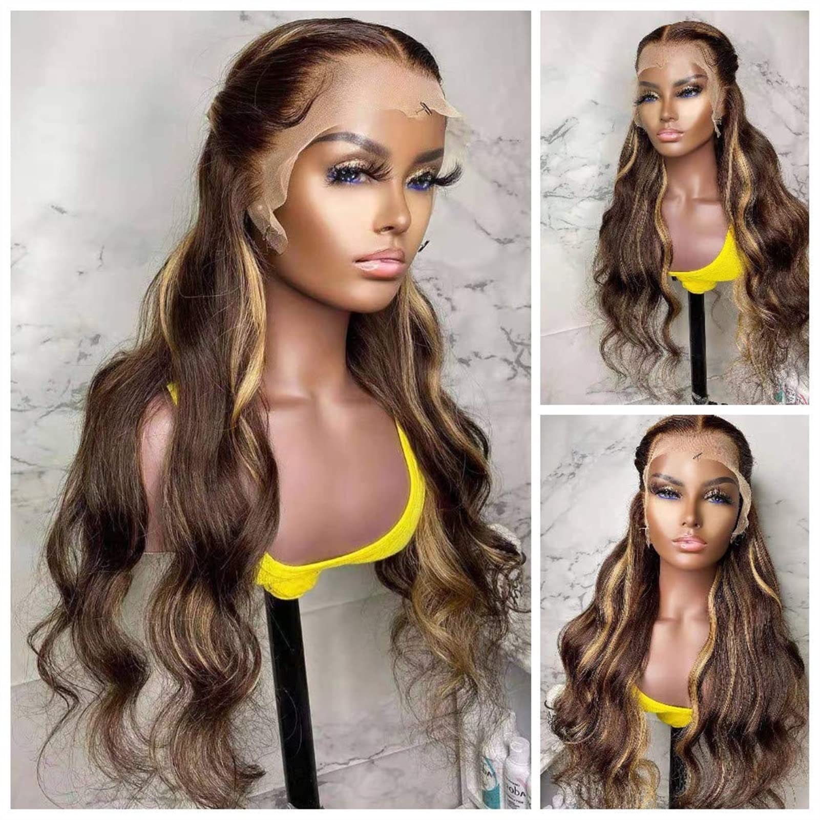 Ombre Brown Blonde Highlight Loose Wave Lace Front Human Hair Wig - 13×6 Transparent Lace Frontal with Pre-Plucked Hairline & Bleached Knots | 150% Density Brazilian Remy Hair | Perfect for Daily Wear, Cosplay, and Special Occasions