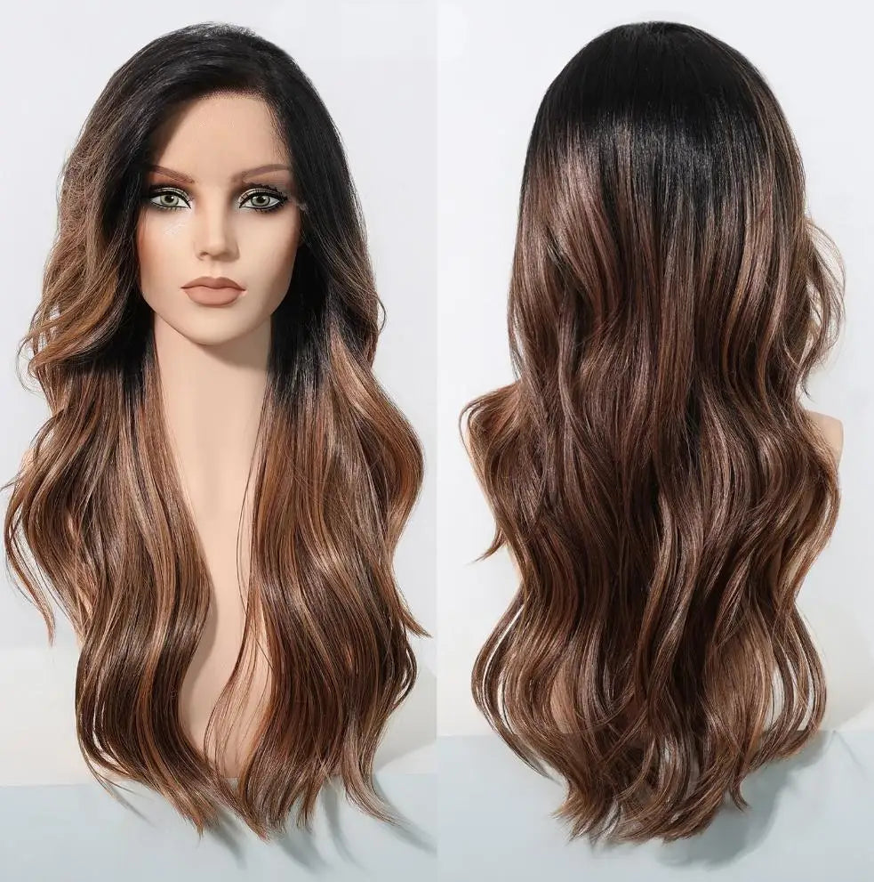 Long Brown Blonde Highlight Synthetic Hair Wig for Women - Natural Looking Straight Shoulder Length Cosplay Costume Party Daily Wear