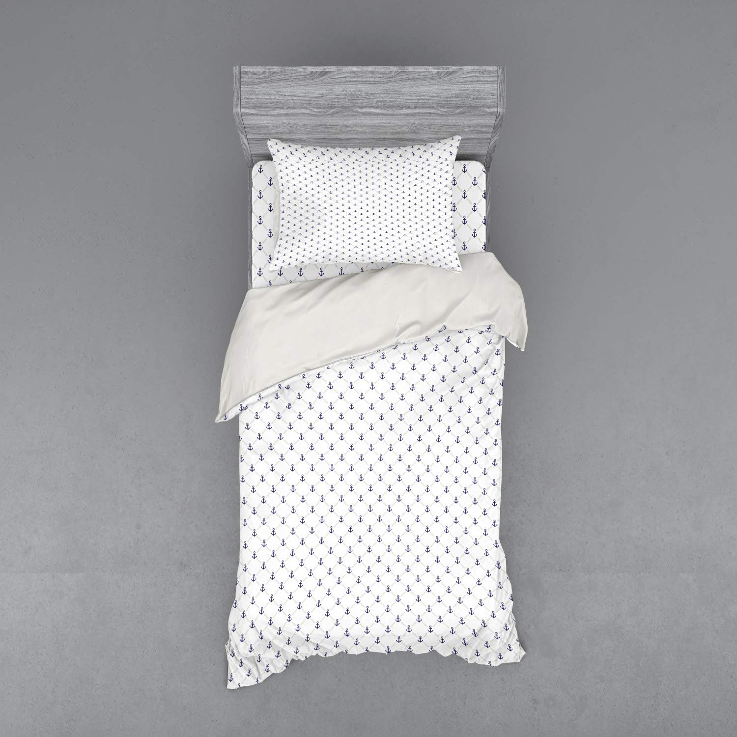 Ambesonne Anchor Bedding Set - 3 Piece Duvet Cover with Sham & Fitted Sheet, Twin Size, Navy Blue & White Checkered Yacht Sailing Cruise Theme - Perfect for Nautical Bedroom Decor, Guest Room or Vacation Home