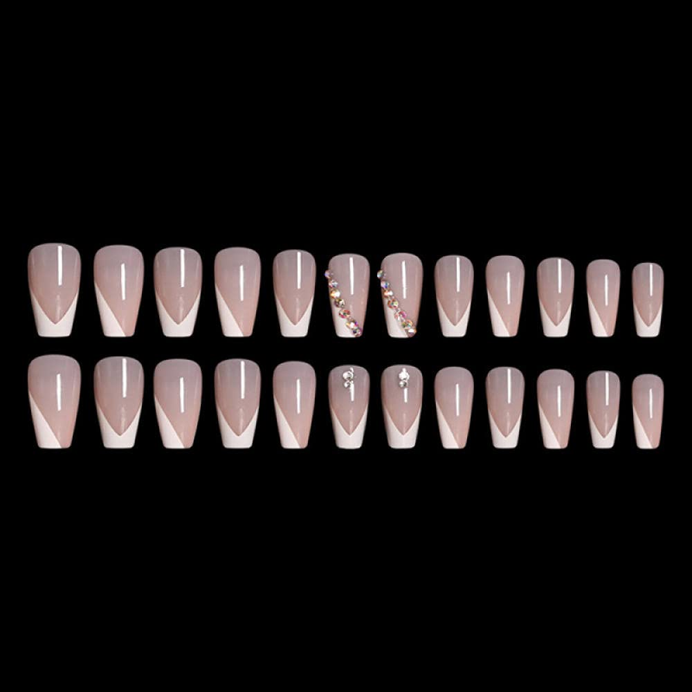 False Nails Fake Nails - V-Shaped French Manicure Press On Nails with Diamond Design, Ballet Nails for Women, Ready to Wear Artificial Nails for Parties, Weddings & Special Occasions