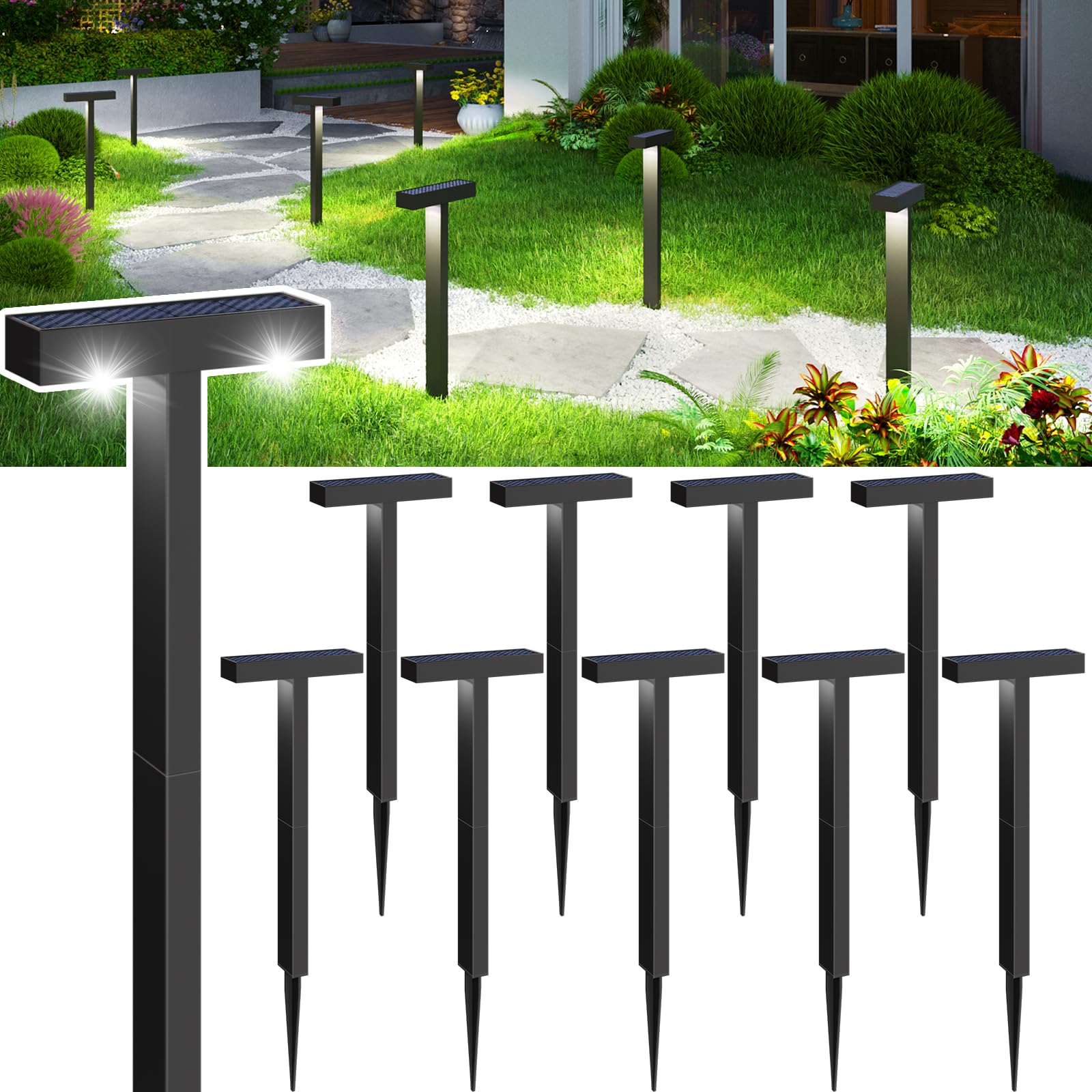 10 Pack KINKAI Solar Pathway Lights Outdoor - Waterproof T Shape Solar Walkway Lights with Auto On/Off for Garden, Yard, Patio & Lawn Decor (White Light) | Perfect for Landscape Lighting, Driveway Markers & Backyard Illumination