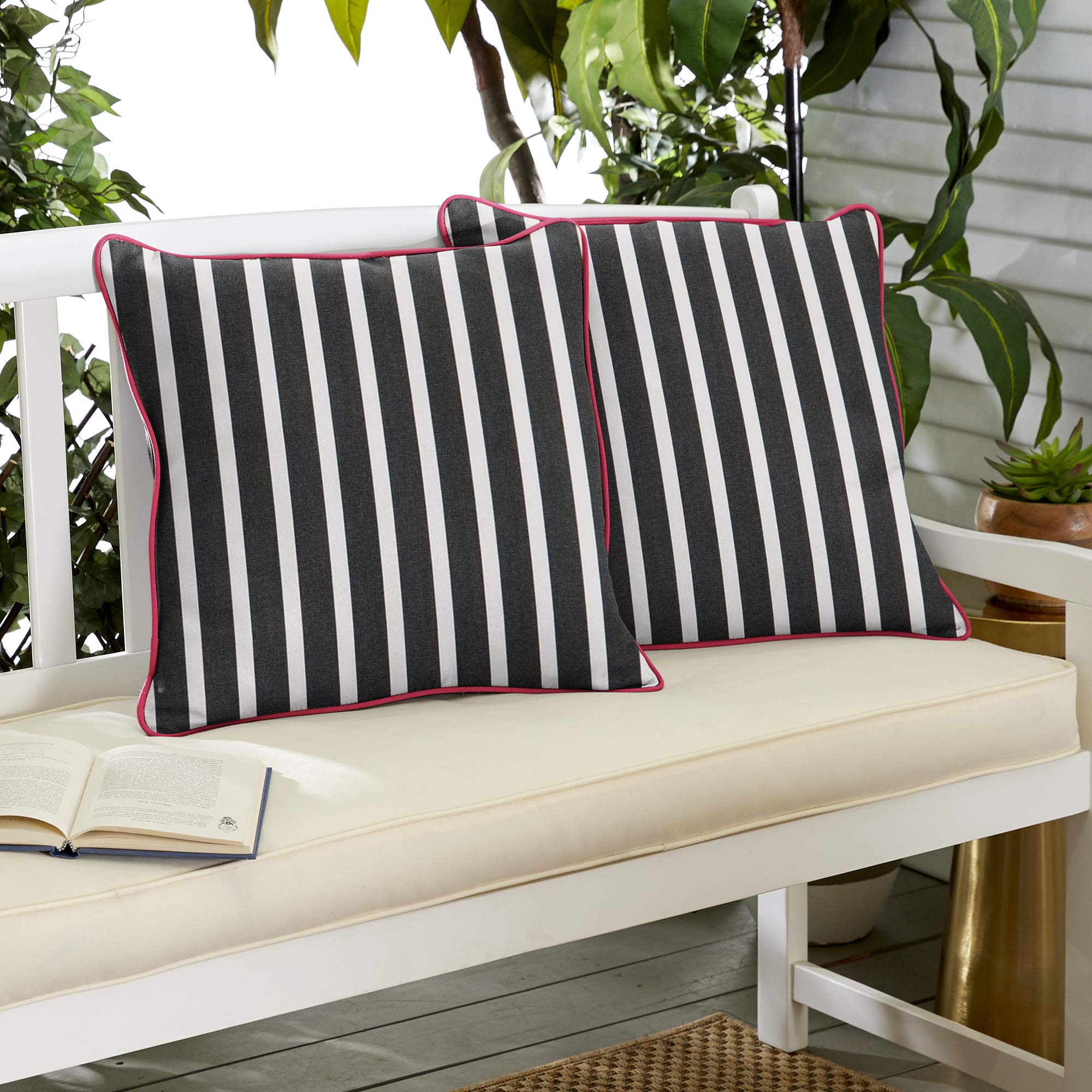 Premium Set of 2 Charcoal Black & White Striped Outdoor Pillows - 18 Inch Water-Resistant Decorative Throw Cushions for Patio, Garden, Poolside & Porch Furniture