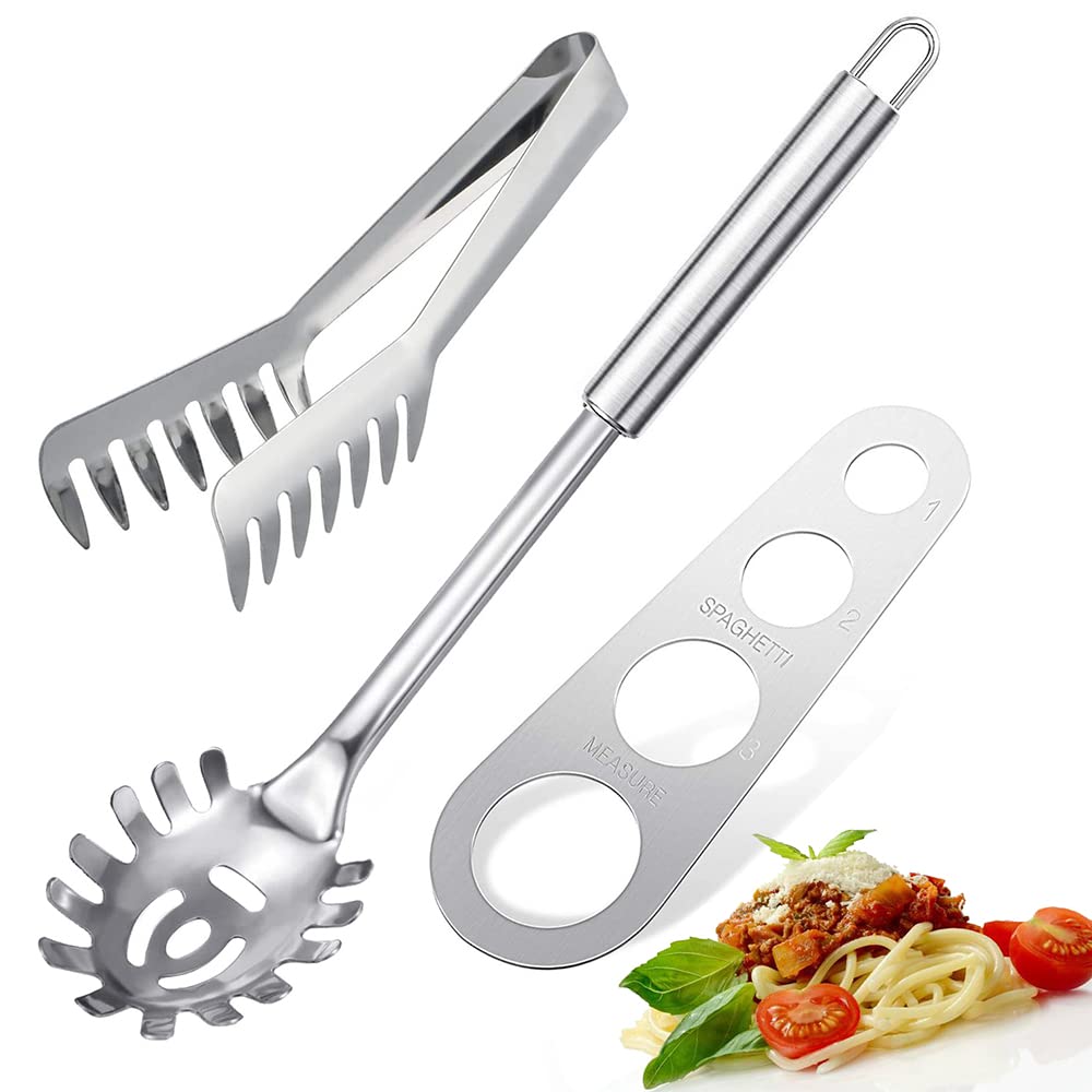 Premium 3-Piece Stainless Steel Pasta Server Set - Durable Spaghetti Tongs, Serving Spoon Fork & Measuring Tool - Professional Kitchen Utensils for Italian Cooking, Restaurants & Home Chefs - Perfect for Serving Spaghetti, Fettuccine & Linguine
