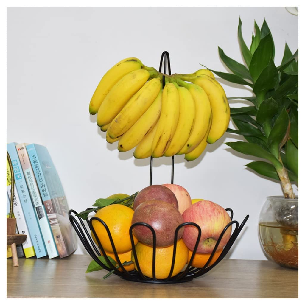 Stainless Steel Fruit Bowl with Banana Hanger - 3-Tier Wire Fruit Basket for Kitchen Countertop & Dining Table - Modern Banana Holder & Storage Basket for Fresh Fruits - Perfect for Home, Office, or Restaurant (Black)