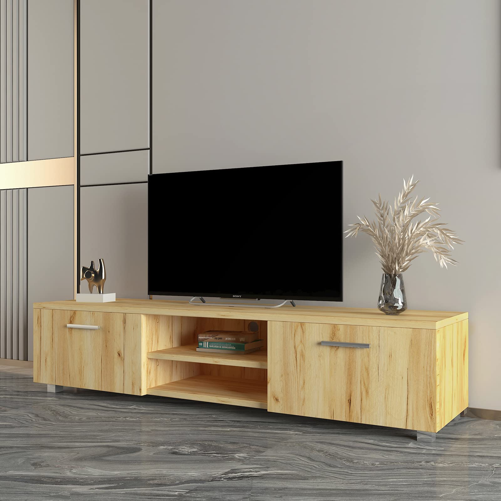 DMAITH Modern Wood TV Stand with 2 Storage Cabinets & Open Shelves - High Gloss Entertainment Center Media Console for 70 Inch TV - Perfect for Living Room, Bedroom & Home Theater Setup
