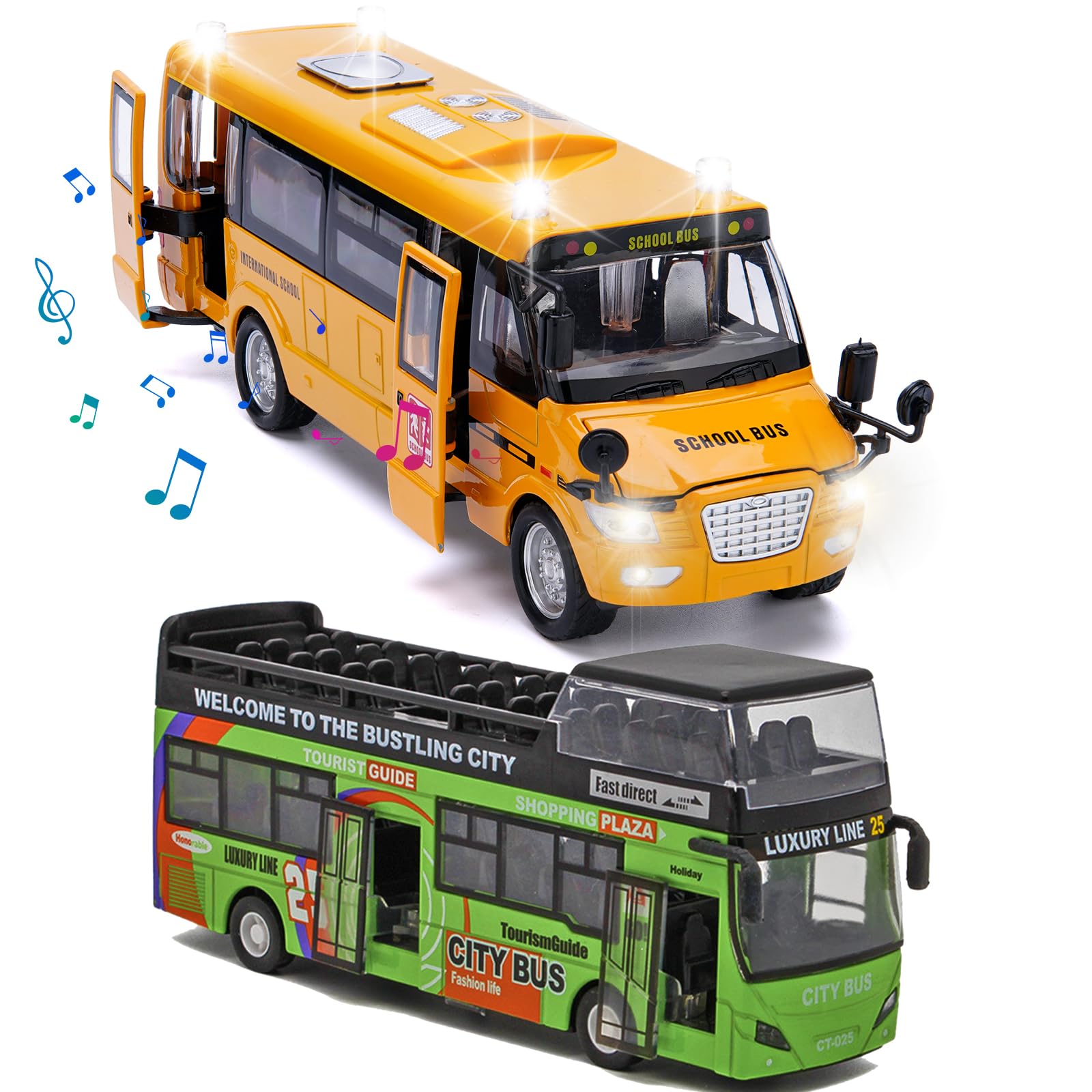 Die-Cast School Bus Toy with Lights & Sounds - City Sightseeing Double Decker London Bus Toy Car - Perfect for Kids Pretend Play & Collectible Display