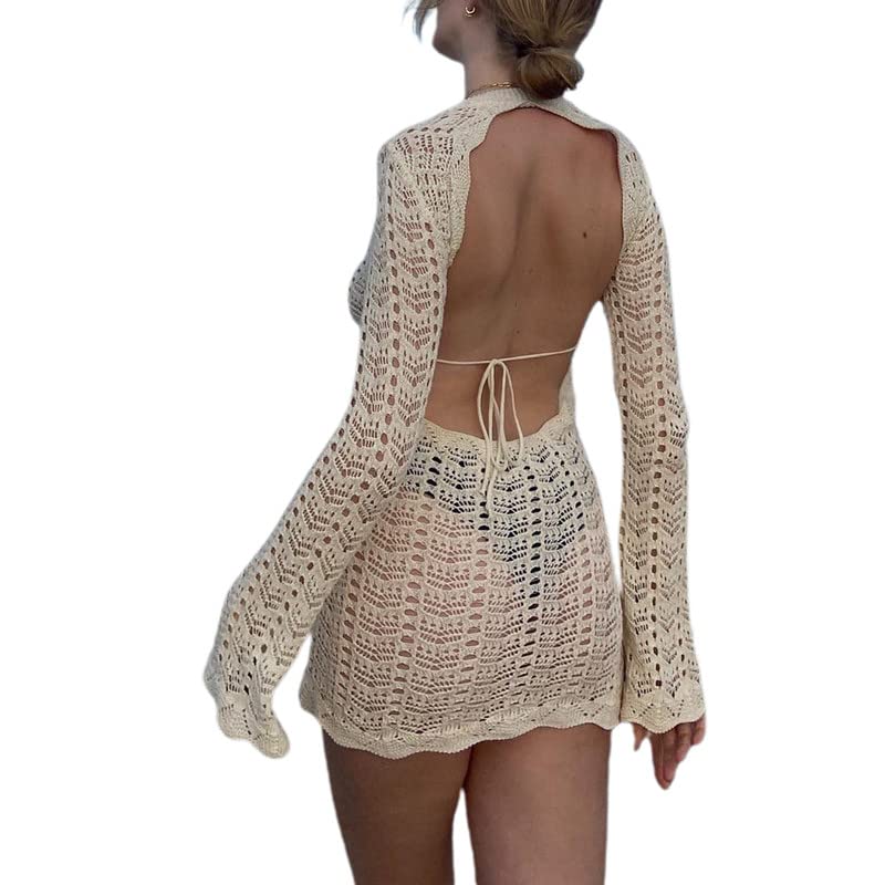 Women's Backless Knitted Mini Dress - Long Sleeve Crochet Beach Dress with Back Tie | E-Girl Streetwear for Summer Parties, Vacations & Night Out