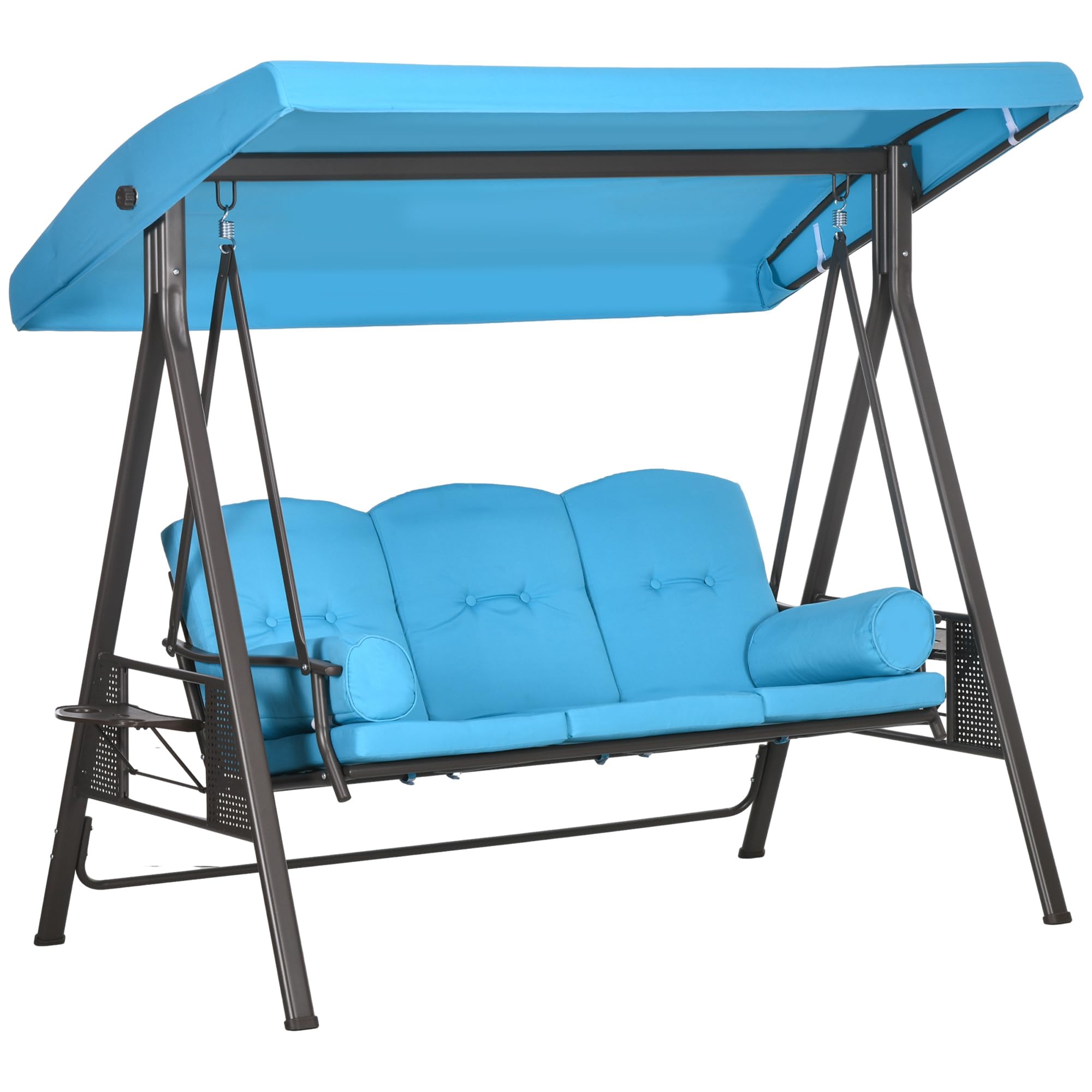 Outsunny 3-Seat Patio Swing Chair with Adjustable Canopy - Outdoor Porch Glider with Removable Cushion, Pillows & Side Trays - Perfect for Garden, Backyard, Poolside & Patio Relaxation