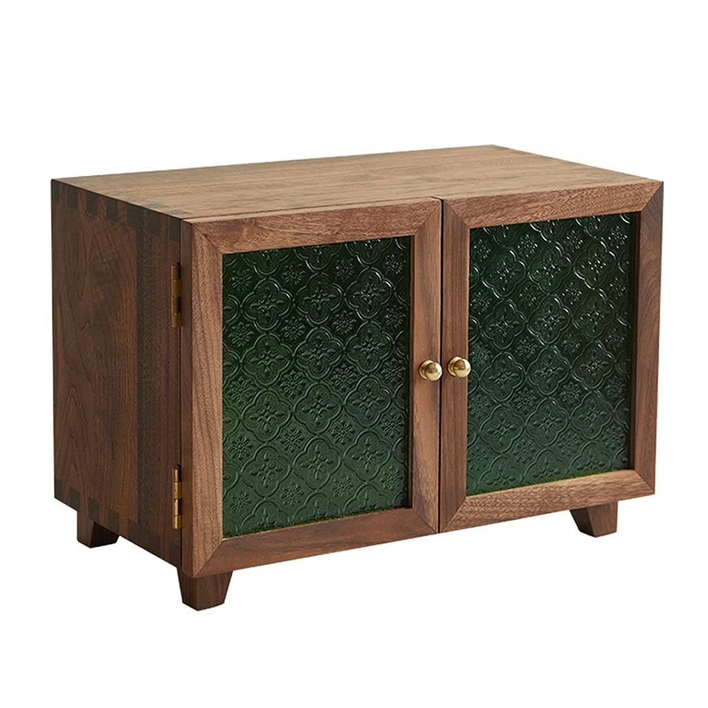 ZYR Black Walnut Wood Storage Cabinet with Double Glass Doors - Dustproof Small Cabinet for Coffee Cups, Pantry Organization & Countertop Display - Perfect for Kitchen, Dining Room or Office Storage Solution