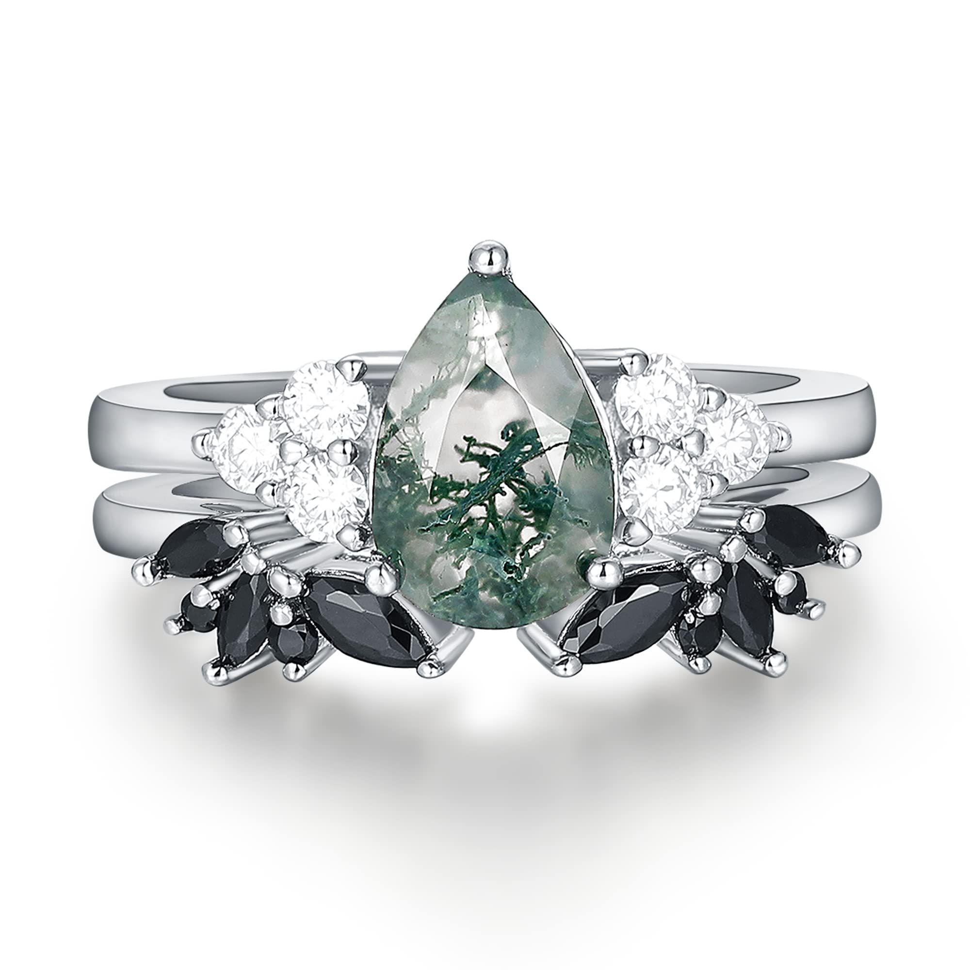 IRROYA 6x9mm Natural Pear Cut Moss Agate Bridal Ring Set - Genuine Moissanite Engagement Ring with V-Shaped Open Band - 8-Prong Set Black Spinel Wedding Band - Platinum Plated 925 Sterling Silver - Handcrafted Gemstone Jewelry for Women - Perfect for Weddings, Anniversaries & Special Occasions