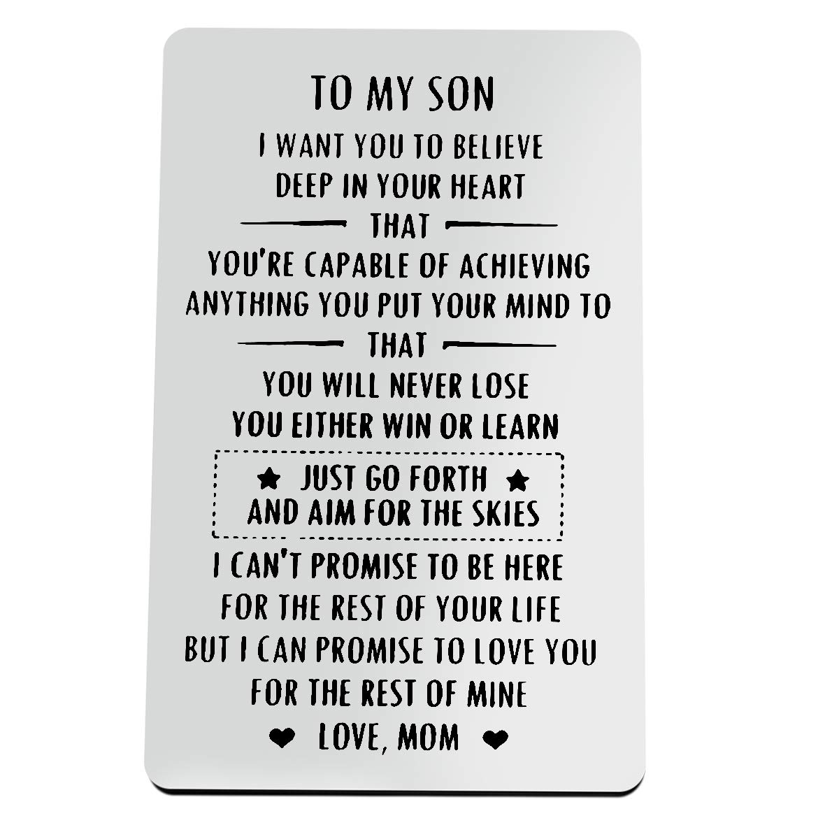 To My Son Inspirational Gifts - Motivational Engraved Metal Wallet Inserts, Encouragement Cards for Birthday, Christmas, Graduation - Perfect for Daily Reminders & Special Occasions
