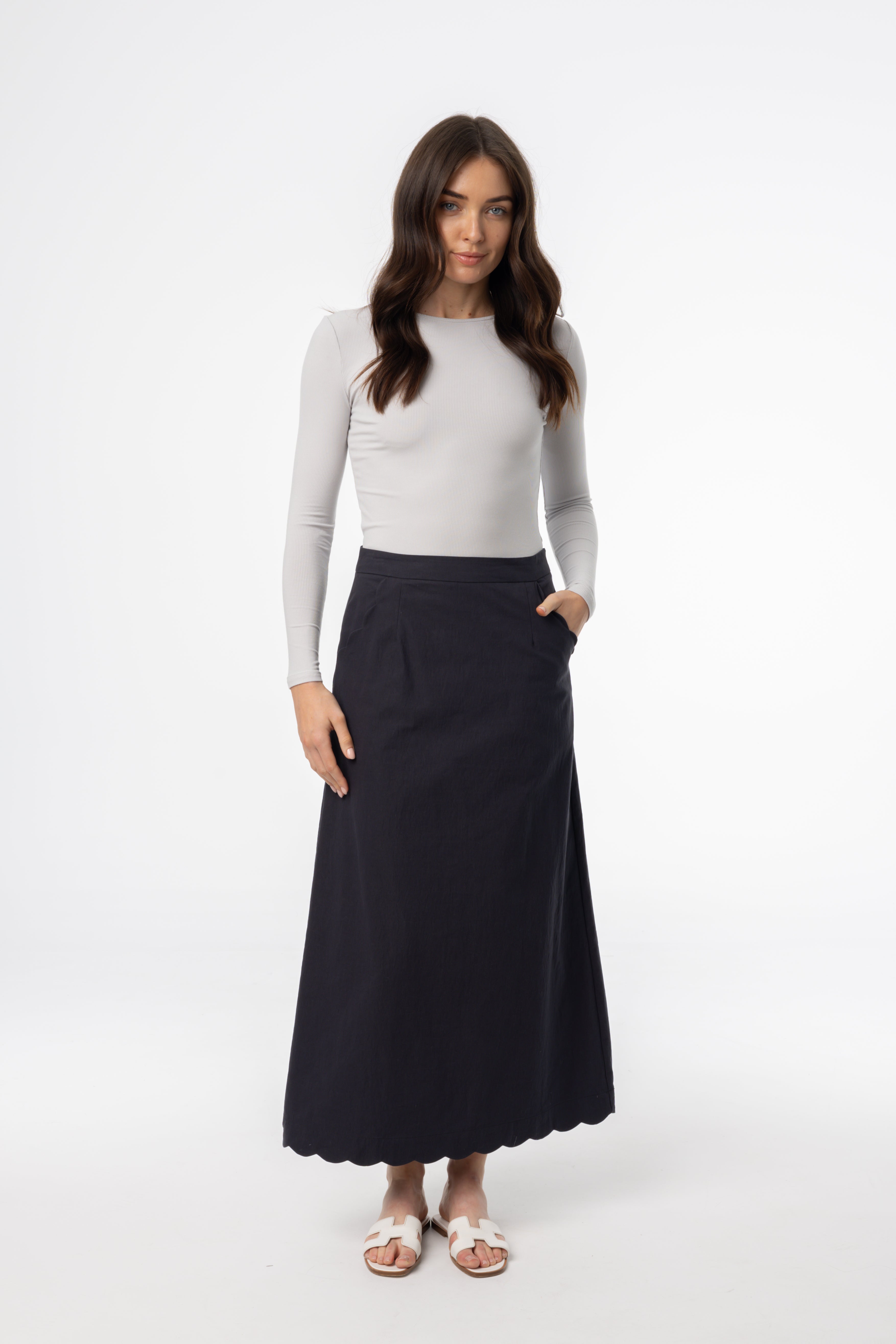 Navy Blue Scalloped Hem Maxi Skirt for Women - Boho Flowy Beach Skirt Perfect for Summer Vacations & Casual Outings
