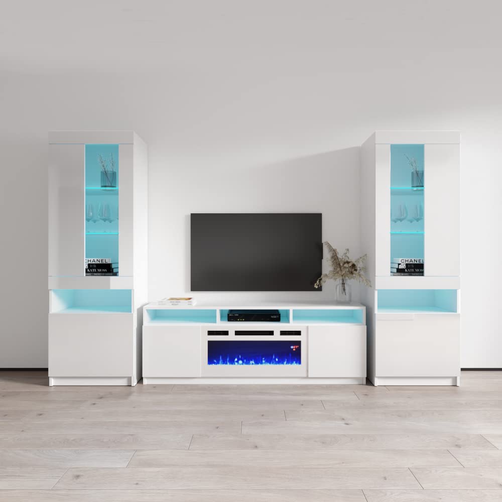 Reno WH05 Modern Electric Fireplace TV Stand with LED Lights & Bookcase - White Entertainment Center for Living Room & Bedroom - Perfect for Movie Nights & Cozy Home Decor