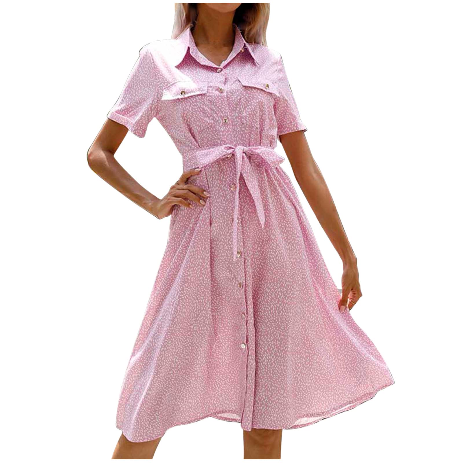 OPHPY Women's Summer Button Down Shirt Dress 2022 - Casual Short Sleeve Knee Length Dress for Work, Date Night & Vacation | Flowy Comfortable Dressy Outfit