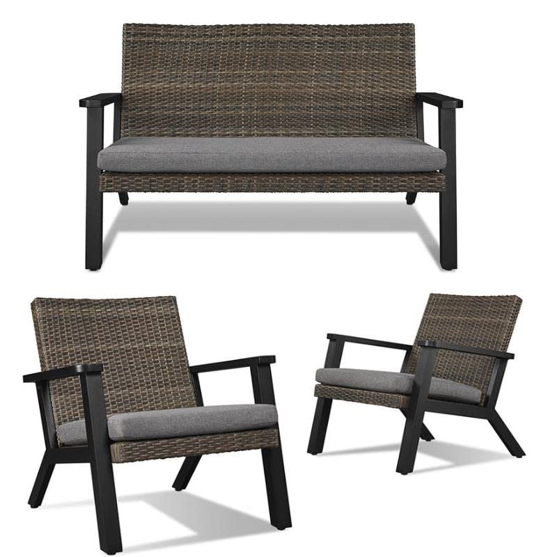 Brown & Black Patio Garden Set with Bench & 2 Chairs - Outdoor Furniture for Backyard, Deck, or Garden Relaxation