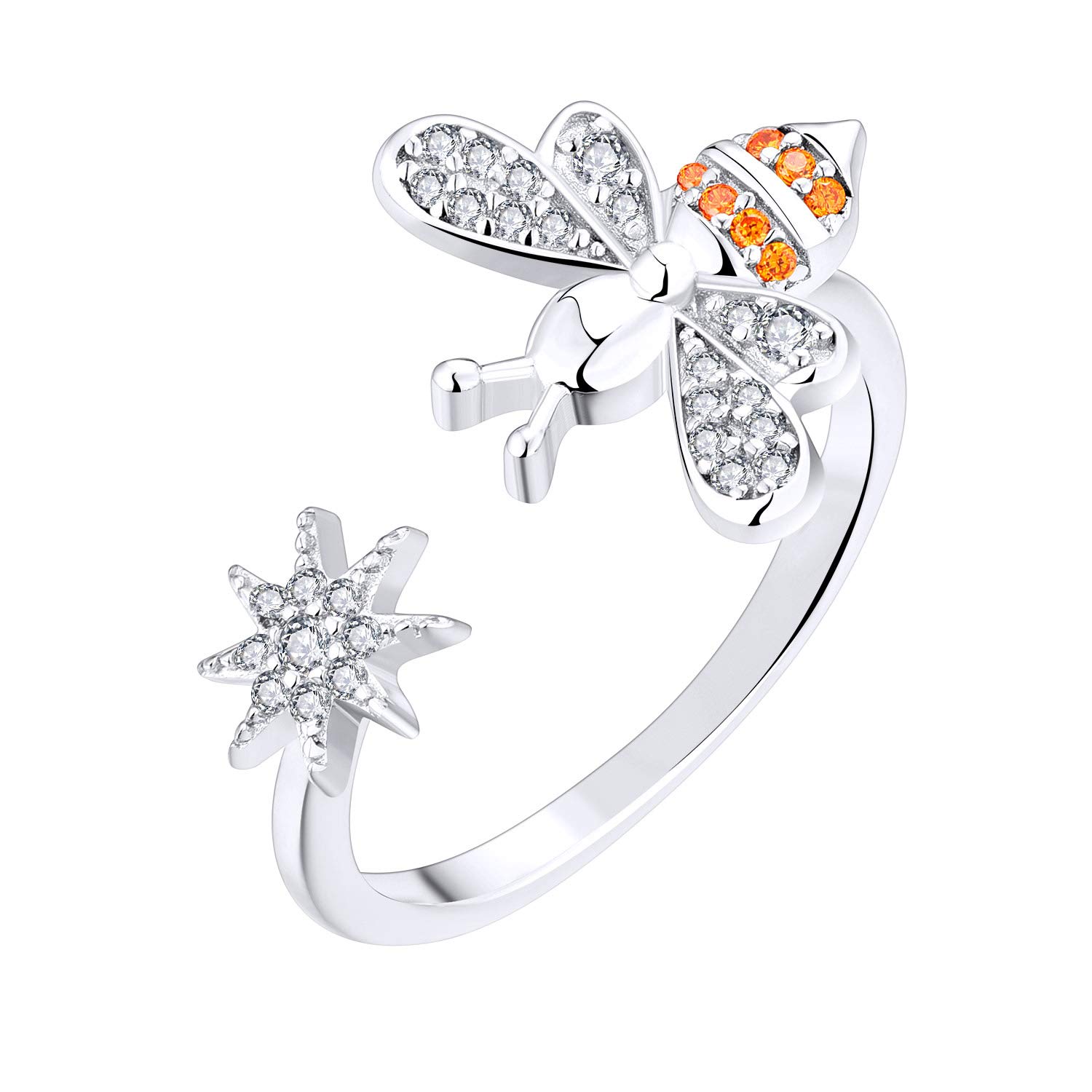 FJ Sterling Silver Bee Ring - AAA CZ Open Ring for Women | Dainty Bee Jewelry Gift for Her, Birthday, Anniversary, or Everyday Wear