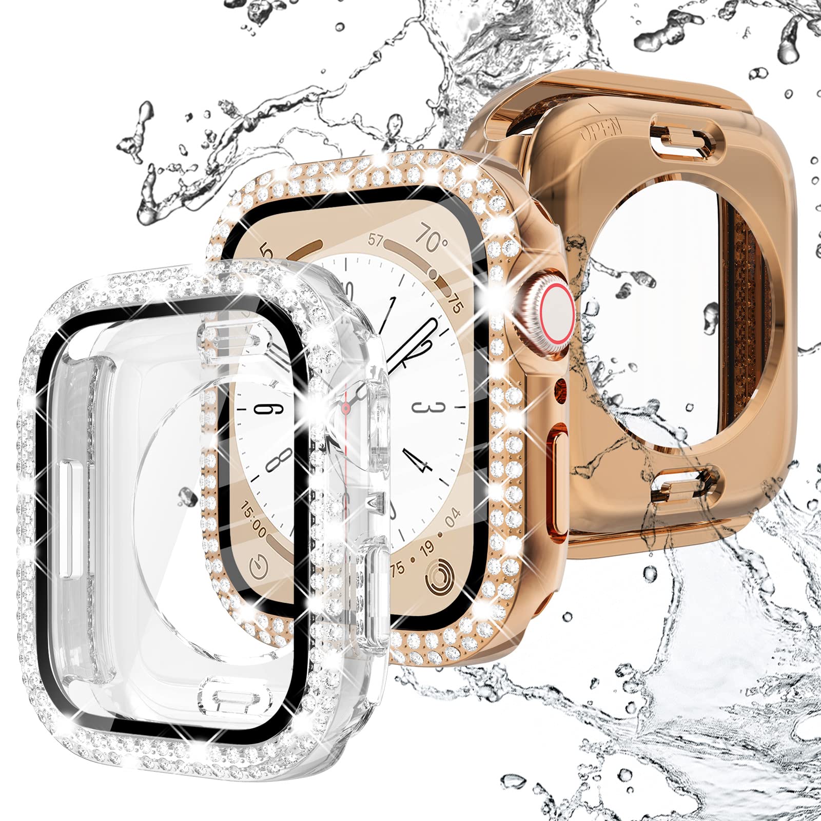 Waterproof Apple Watch Case with Tempered Glass Screen Protector - 2 Pack for Series SE/6/5/4 40mm, Rose Gold & Clear | Bling Diamond Design, PC Hard Cover & Front/Back Bumper | Perfect for Swimming, Workouts & Everyday Use