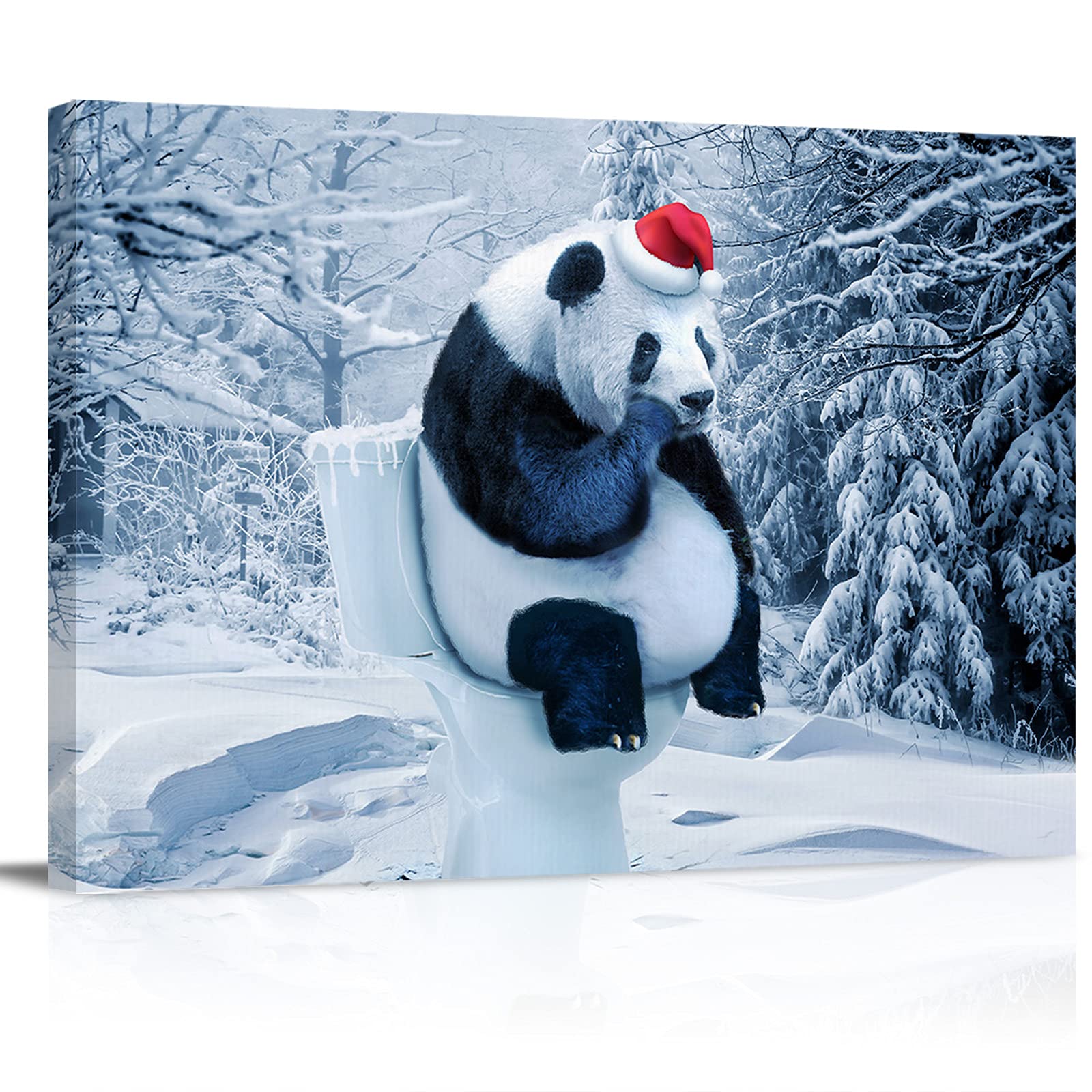 Winter Snowy Forest Panda Canvas Wall Art - Framed Oil Painting for Living Room, Bedroom & Kitchen Decor - Funny Animal Artwork for Christmas Gifts & Home Styling