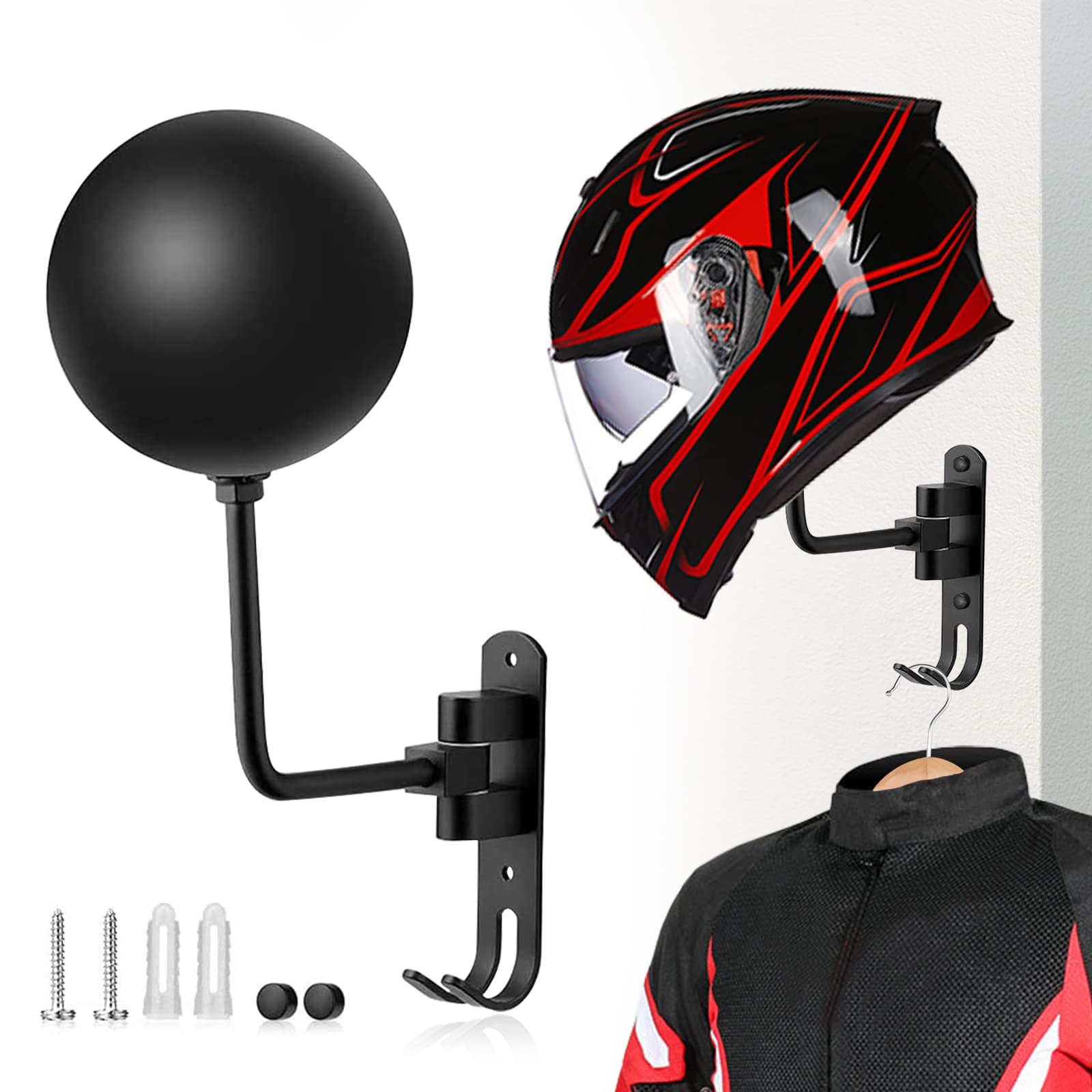 180° Rotating Motorcycle Helmet Wall Mount Rack with 2 Hooks - Heavy Duty Helmet Holder Stand for Bike Gear Storage - Perfect for Garage, Shed, or Workshop Organization