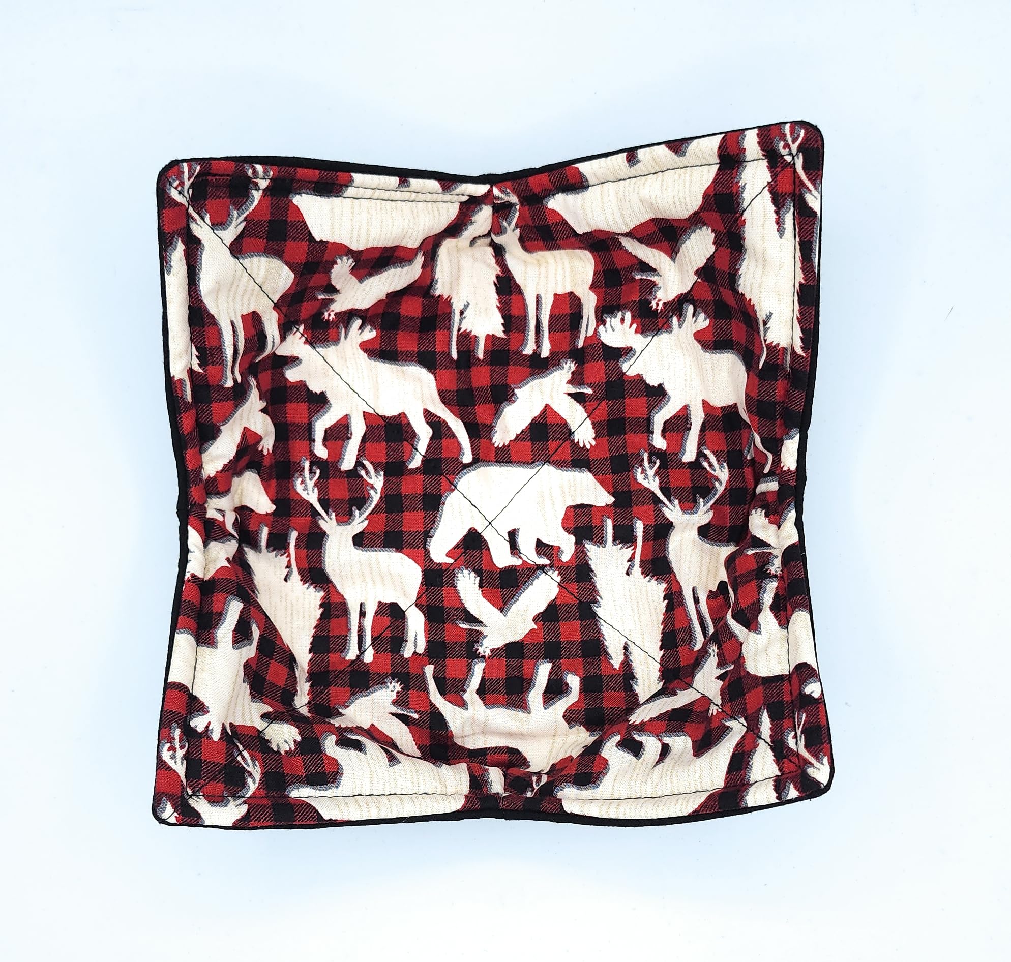 Woodland Wildlife Buffalo Plaid Microwave Cozy - Reversible Red & Black Microwavable Bowl Cover - Bear Moose Deer Eagle Rustic Design - Perfect for Soup, Coffee, and Food Warming - Ideal Housewarming Gift for Country Cabin & Kitchen Use