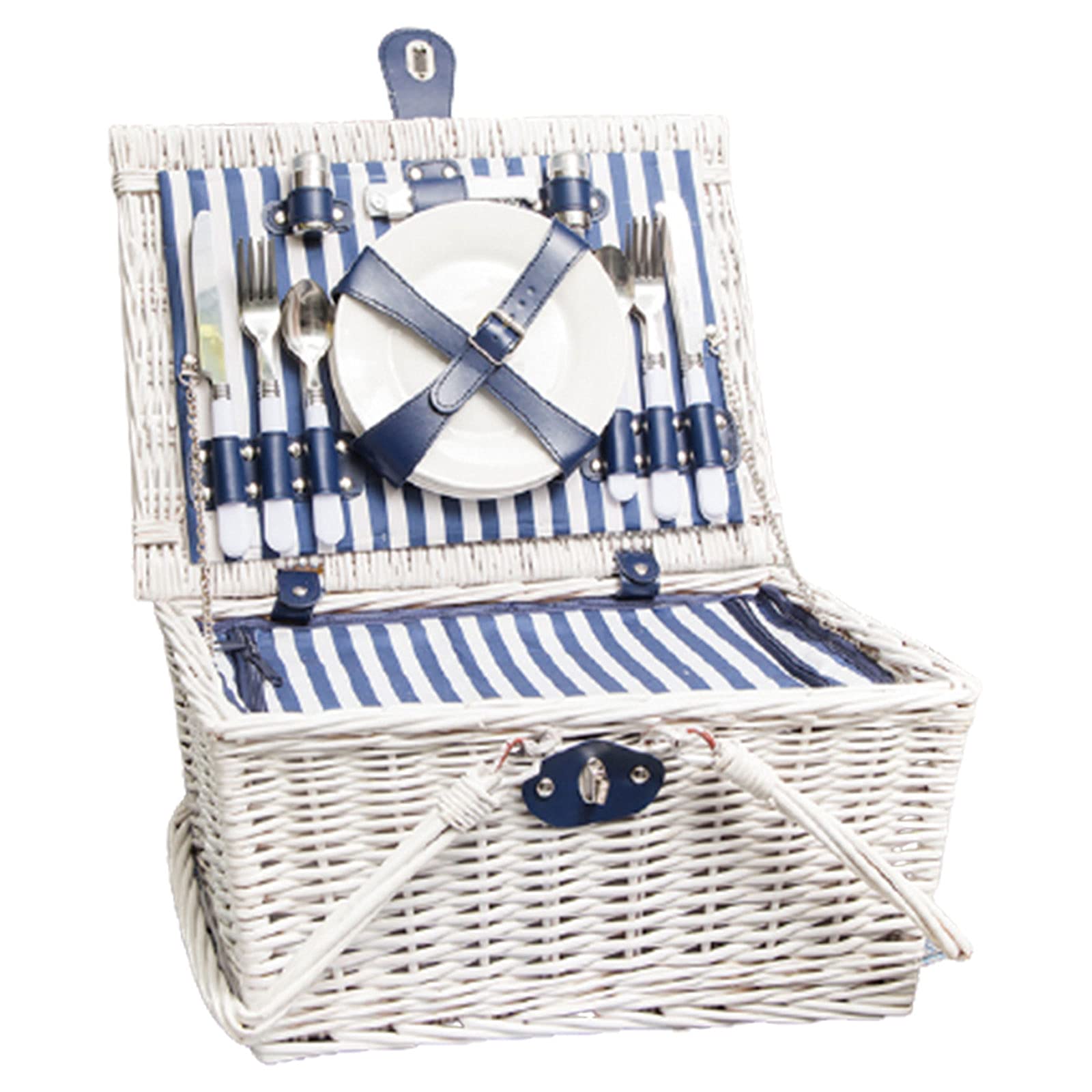 GZP 4-Person Wicker Picnic Basket Set with Cutlery, Wine Glasses, Plates & Corkscrew - Portable Picnic Hamper for Camping, Beach Outings, Outdoor Parties & Romantic Picnic Dates