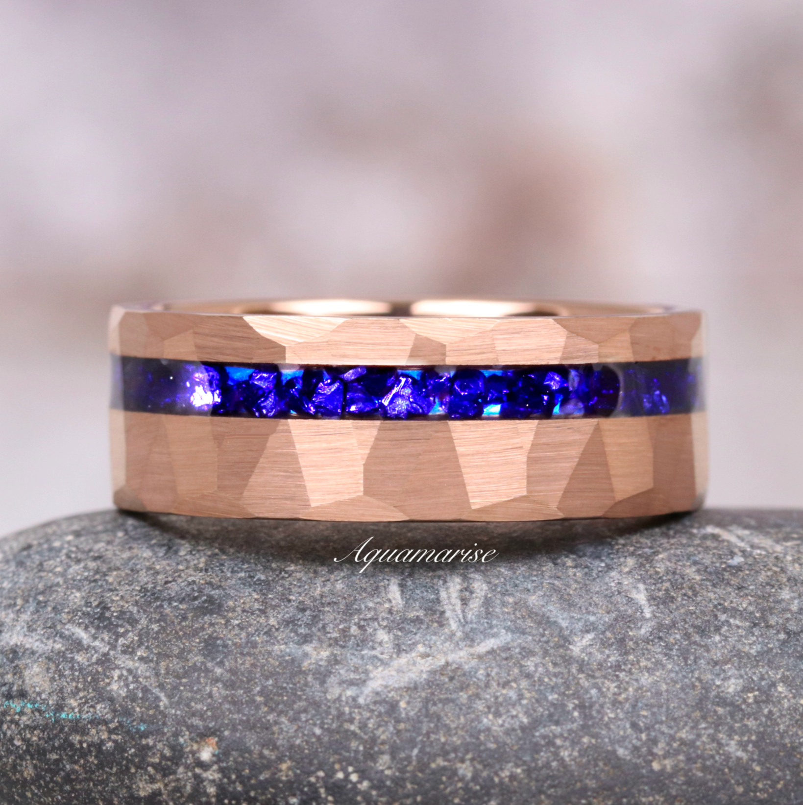 8MM Rose Gold Tungsten Wedding Band with Crushed Blue Sapphire - Elegant & Durable for Men's Wedding, Engagement, Anniversary, or Gift