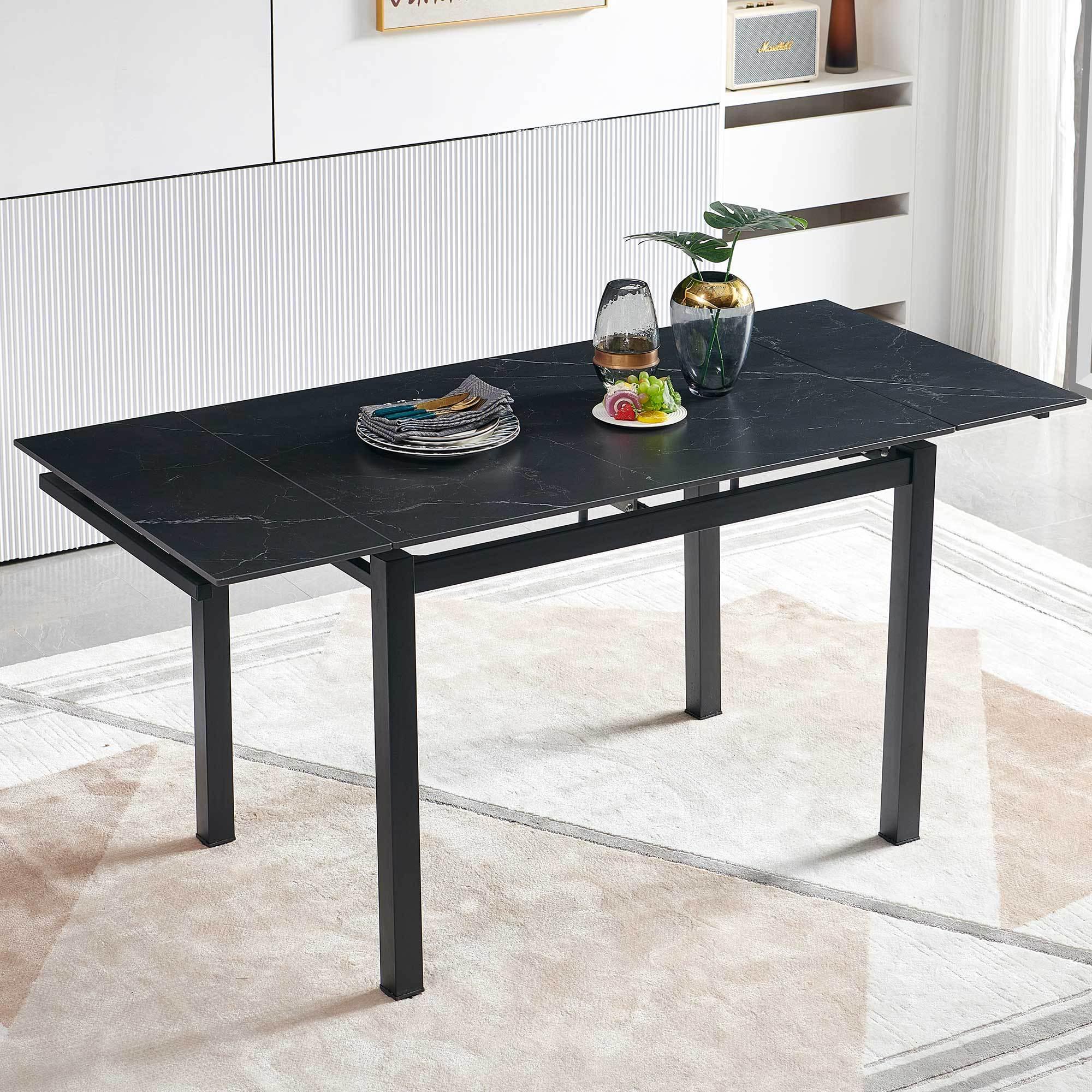 Modern Black Ceramic Expandable Rectangular Dining Table - Space Saving Kitchen & Small Apartment Furniture for Dining Room, Breakfast Nook, and Compact Living Spaces