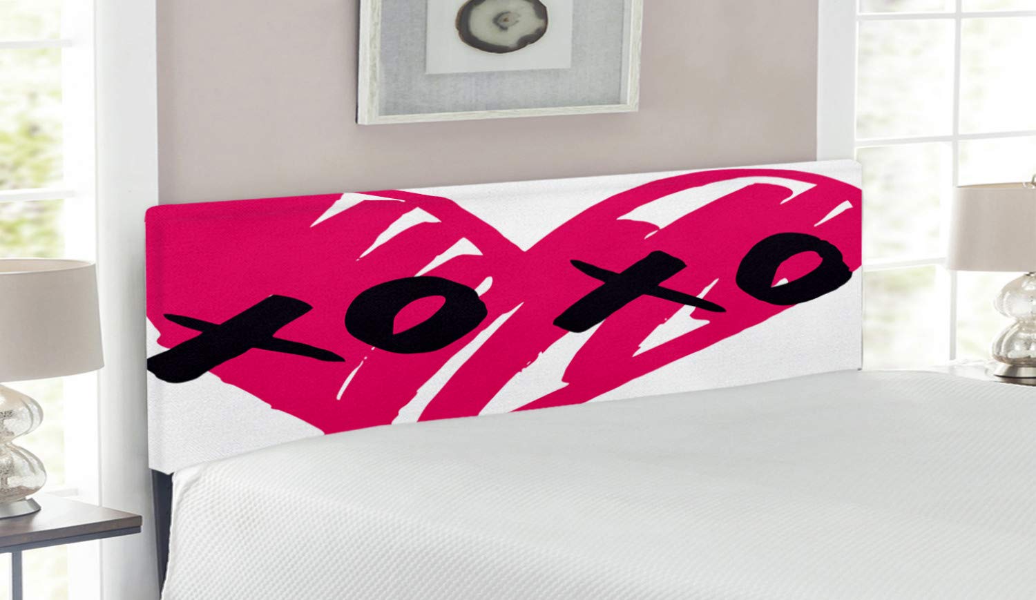 Ambesonne Xo Romantic Heart Kisses Upholstered Headboard - Queen Size Pink & Black Metal Bed Frame with Memory Foam - Perfect for Master Bedroom, Couples Retreat & Valentine's Day Decor