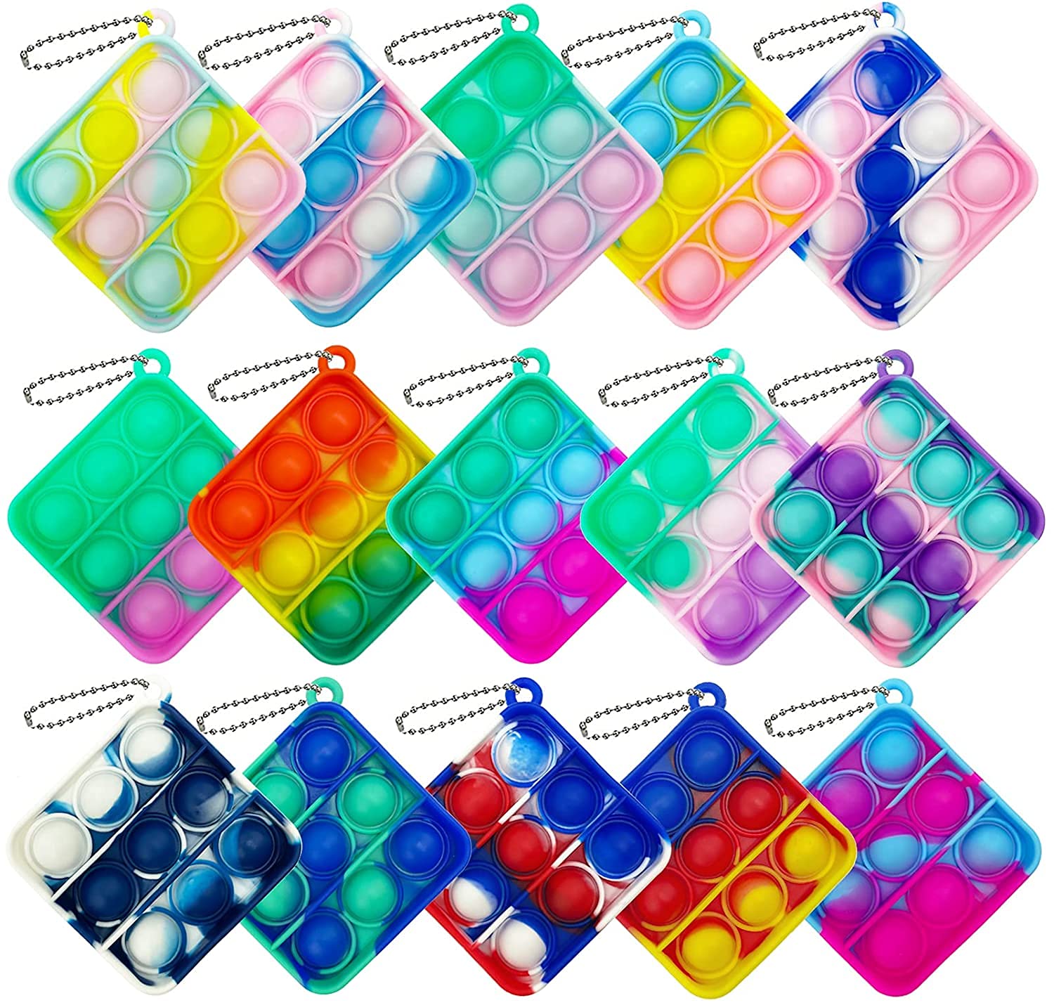 15 Pcs Mini Push Pop Bubble Fidget Toy Set - Silicone Stress Relief Sensory Toys for Kids & Adults - Square Bubble Popper Keychain Desk Toy for Anxiety, ADHD, Focus & Relaxation (Great for Office, School, Travel)