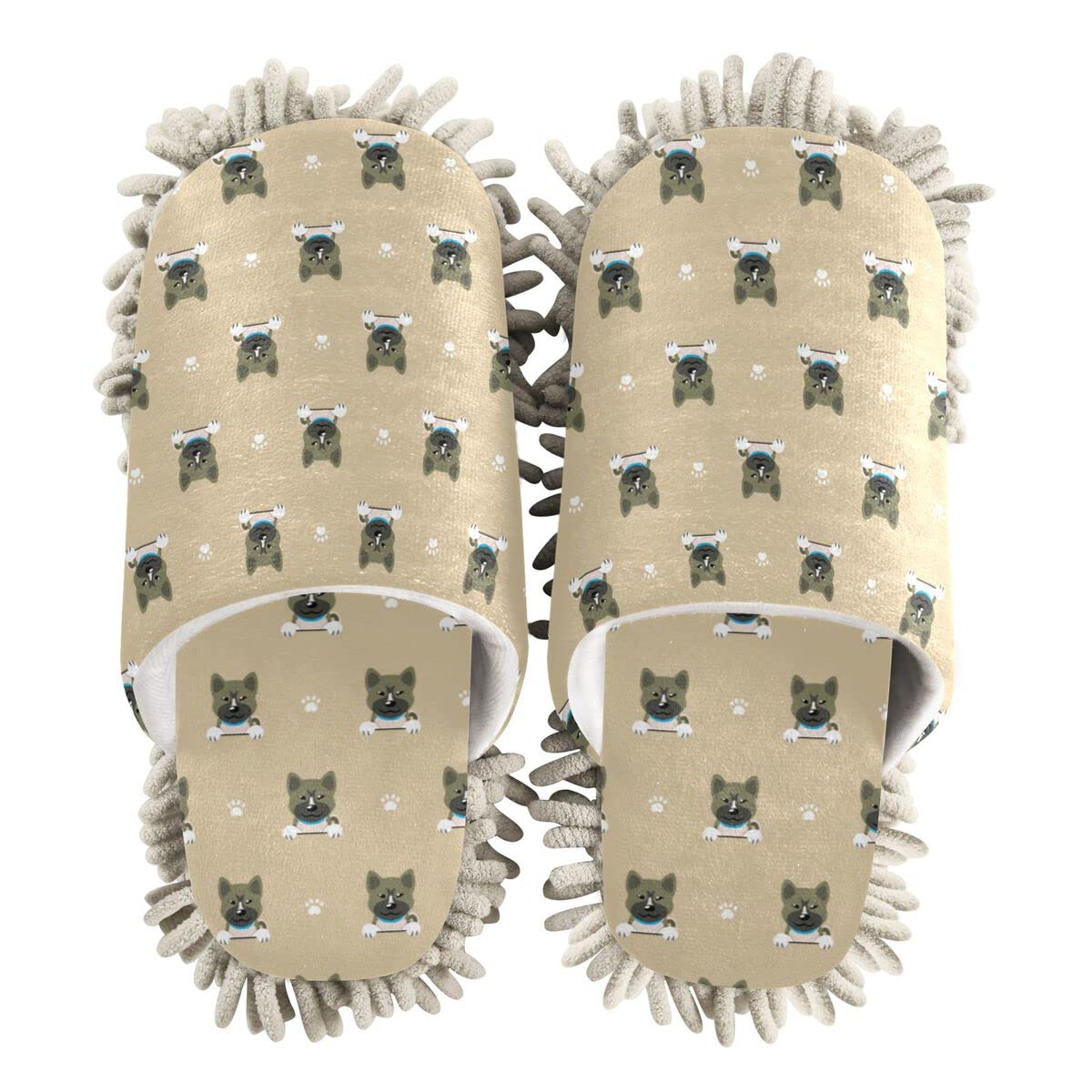 Washable Akita Dog Mop Slippers - Non-Slip Floor Cleaning Slippers for Women, Kitchen & Home Use | Cute Pet Design House Shoes for Dust Mopping