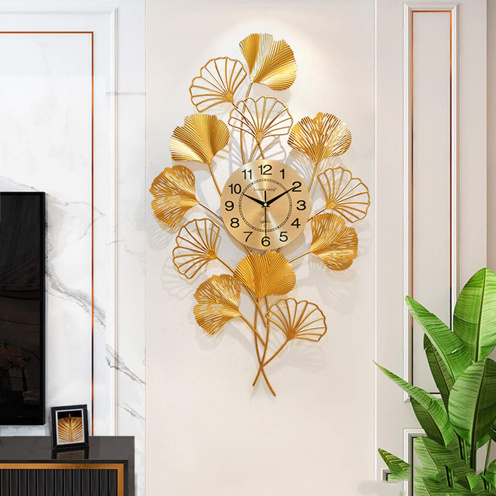 Modern Large Wall Clock 90x55cm - 3D Metal Ginkgo Biloba Design for Home Decor, Living Room, Office, School & Kitchen - Elegant Gold Wall Art (Perfect for Farmhouse, Boho & Contemporary Interior Styles)