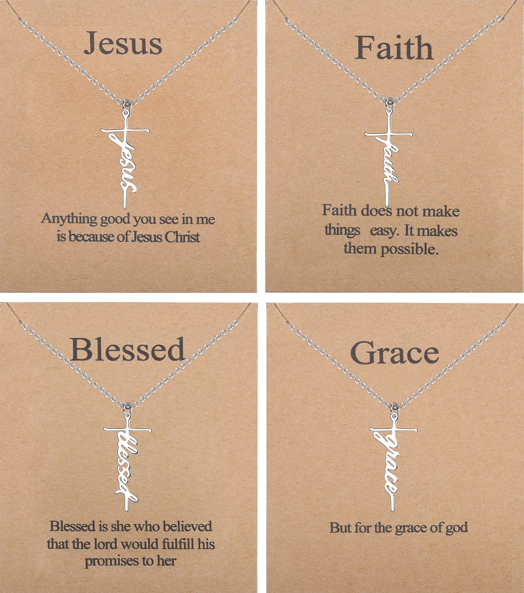 Jewenova 4Pcs Faith Cross Necklace Set for Women - Blessed Hope Grace Pendant Religious Jewelry, Christian Cross Necklace with Inspirational Meaning Card - Perfect for Church, Baptism, Confirmation & Daily Wear