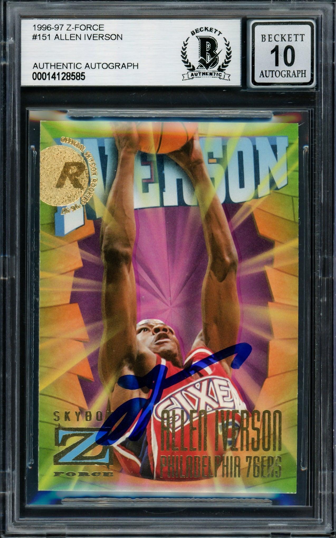 Allen Iverson Autographed 1996-97 Skybox Z-Force Rookie Card #151 Philadelphia 76ers - Beckett BAS #14128585 Gem Mint 10 - Rare Collectible Basketball Memorabilia for Fans & Investors