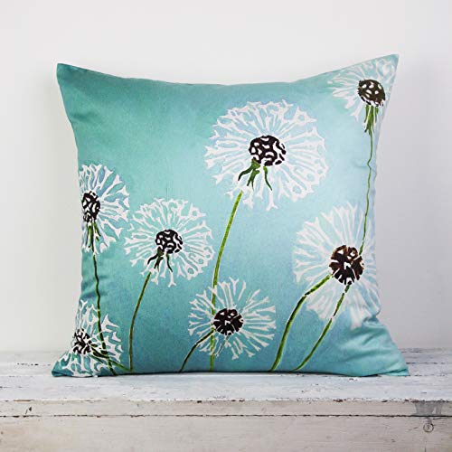 Dandelion Throw Pillow Cover - Soft Aqua Blue Decorative Cushion for Sofa, Bed, Living Room & Nursery