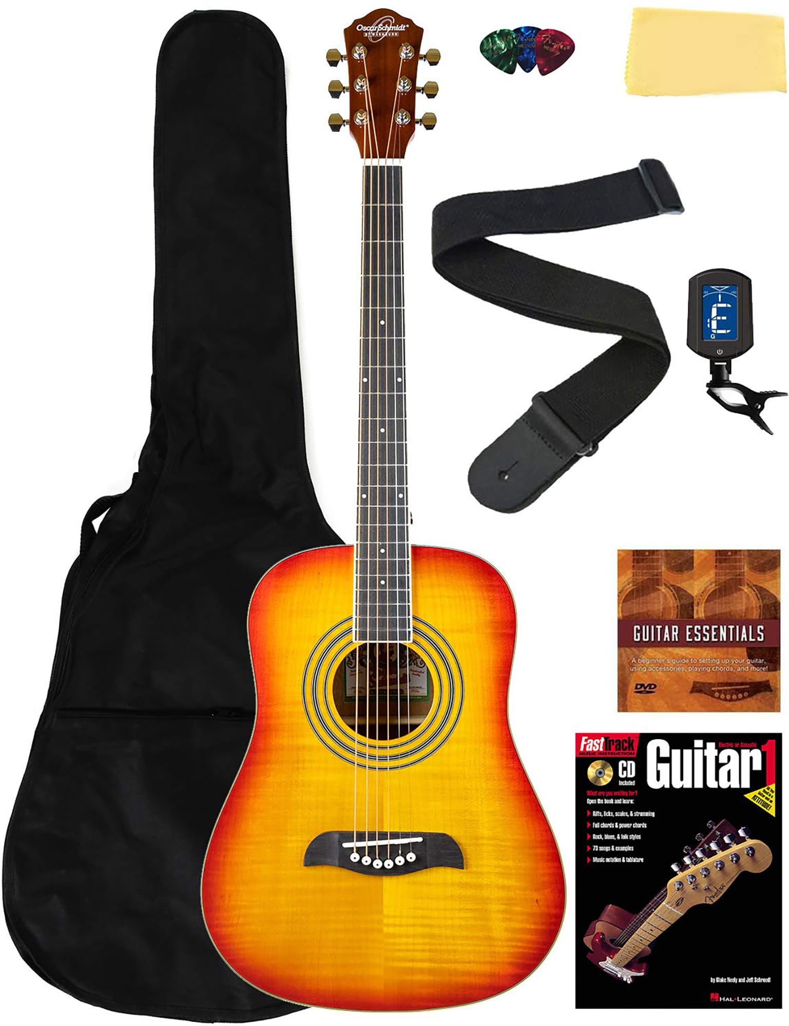 Oscar Schmidt OG5 3/4-Size Kids Acoustic Guitar - Flame Yellow Sunburst Beginner Guitar Kit with Gig Bag, Tuner, Strap, Picks, Instructional Book/DVD & Polishing Cloth | Perfect for Kids Learning Guitar, Music Lessons & Home Practice