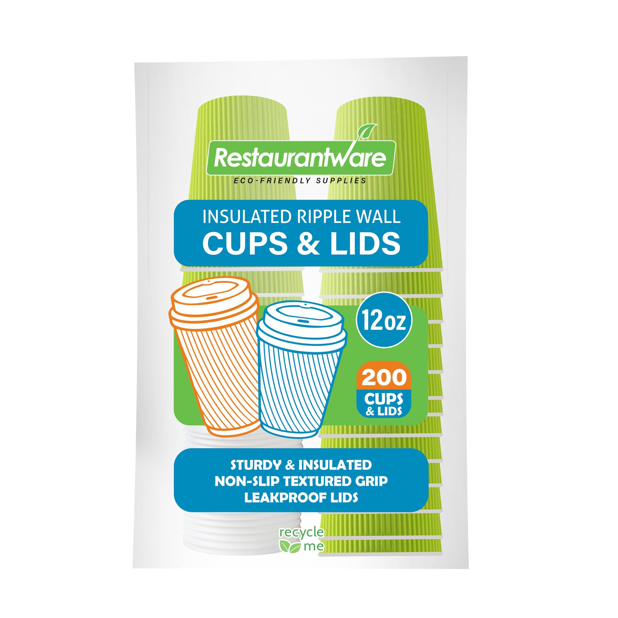 12oz Insulated Coffee Cups with Lids - 200 Pack Eco-Friendly Disposable Hot Drink Cups | Leakproof & Non-Slip Ripple Wall Design | Perfect for Coffee, Tea, Hot Chocolate & Lattes at Cafes, Offices & Home Use