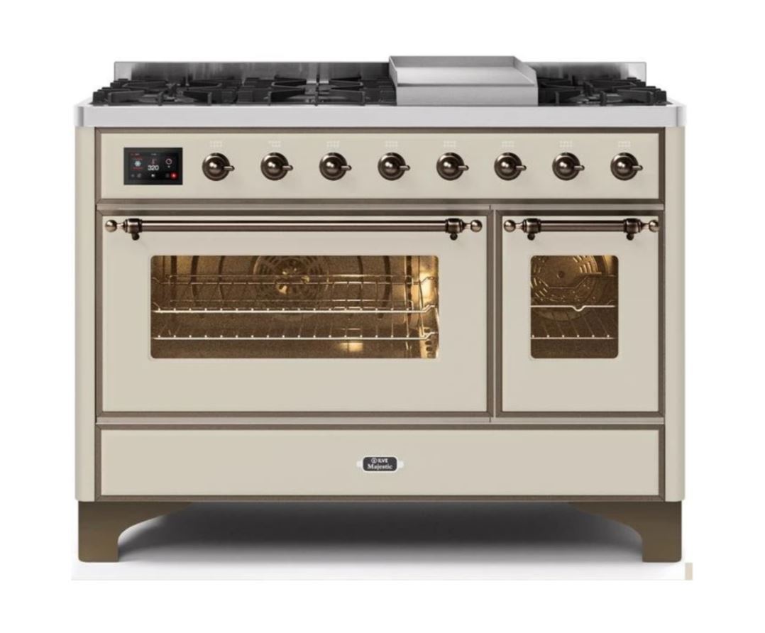 ILVE 48 Inch Majestic II Series Freestanding Dual Fuel Double Oven Range with 8 Sealed Burners, Triple Glass Cool Door & Convection Oven - Professional Gas Range for Home Kitchen, Restaurant & Catering (UM12FDNS)