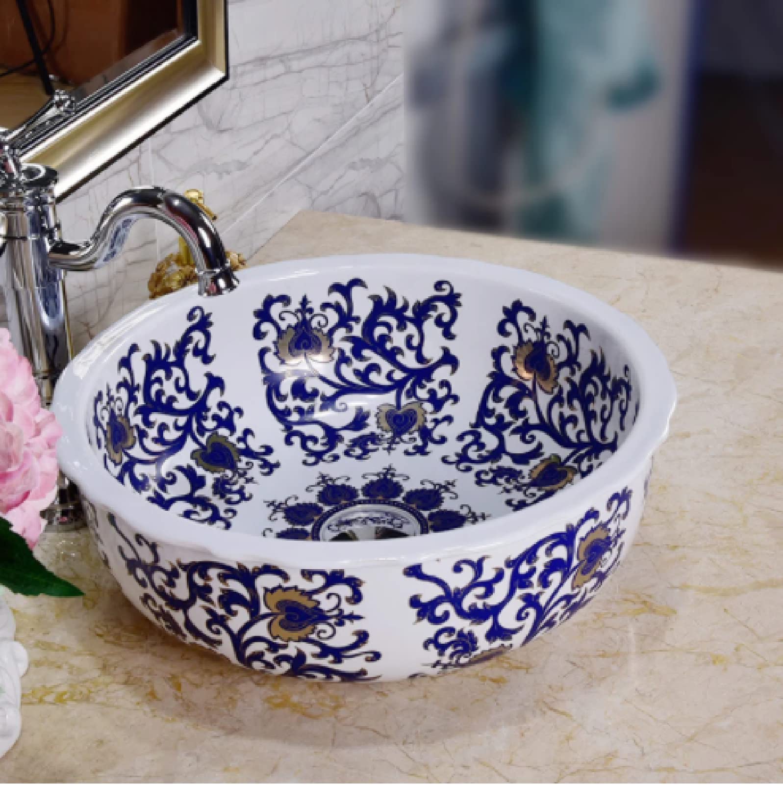 NOALED Ceramic Countertop Bathroom Sink - Blue and White Wash Basin for Modern Vanities | Perfect for Powder Rooms, Guest Baths & Small Space Bathroom Remodels