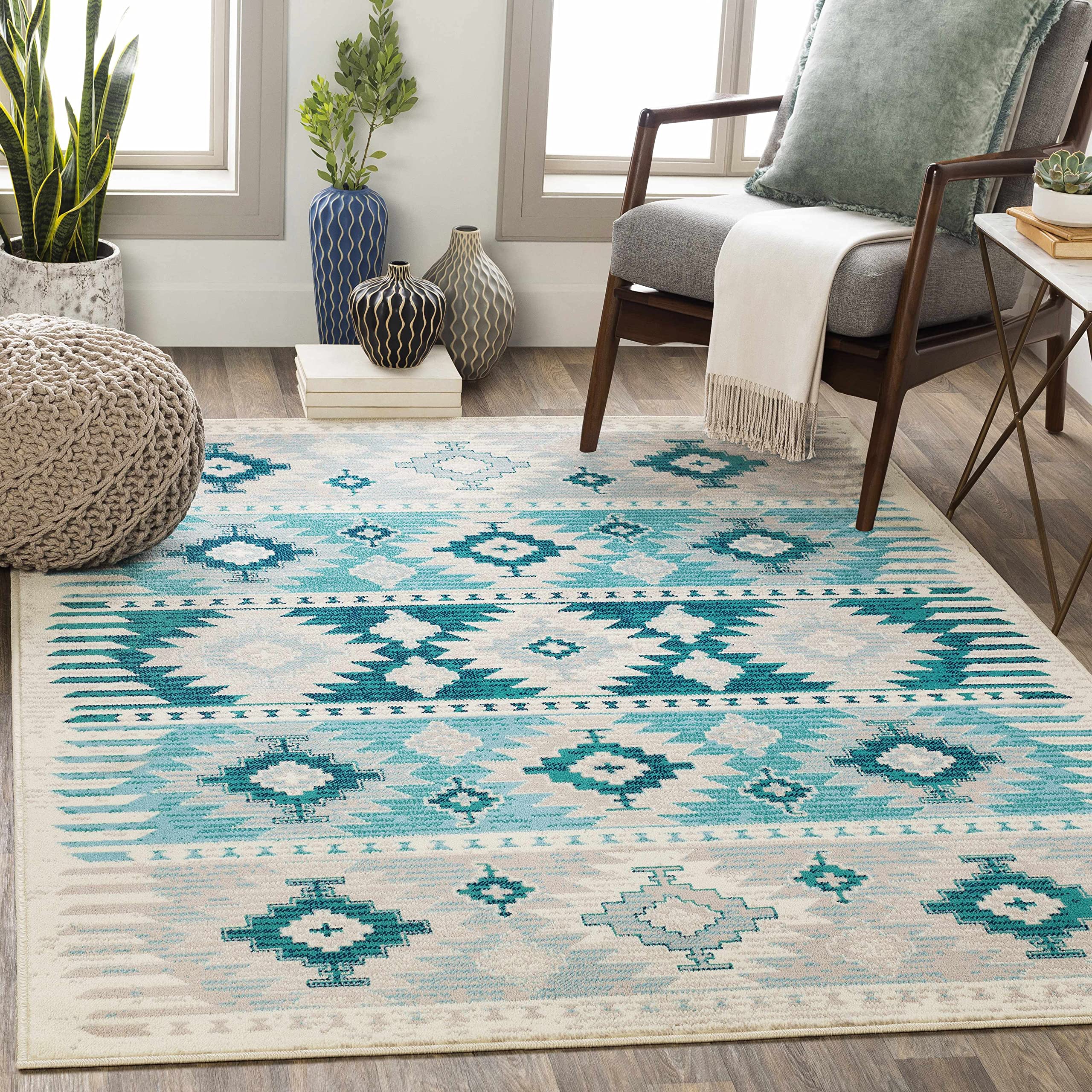 Stylish Hauteloom Nathalia Area Rug for Living Room & Bedroom - Rustic Blue Beige Design - 5'3