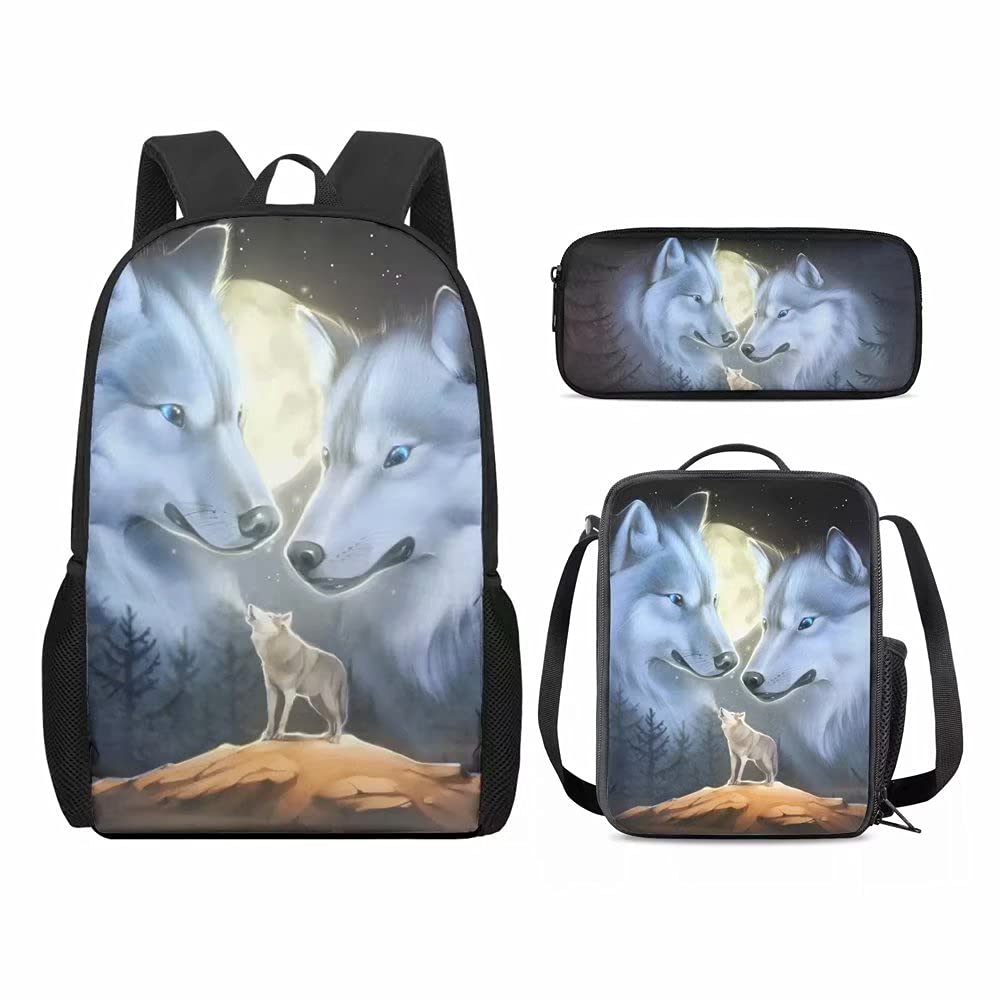 Stylish Moon Wolf Print Travel Backpack for Men & Women - Durable Rucksack for School, Work & Outdoor Adventures | Includes Lunch Box & Pencil Case | Perfect for Hiking, Commuting & College Life