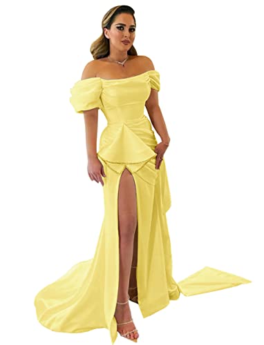 Elegant Off-Shoulder Beaded Mermaid Prom Dress with Puffy Sleeves & Thigh Slit - Satin Long Evening Gown for Women's Formal Weddings, Parties & Special Occasions 2024