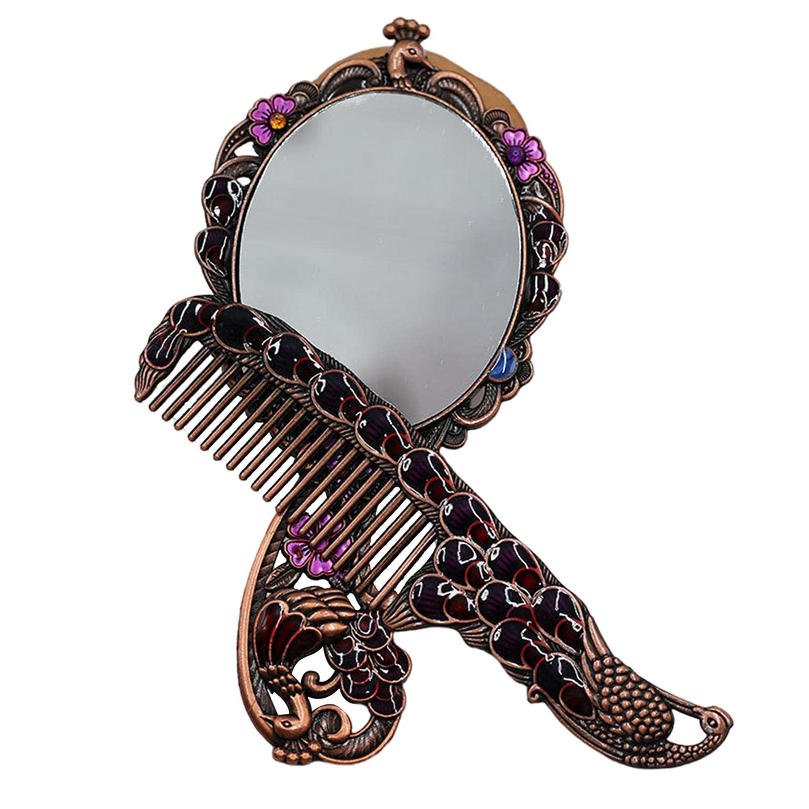 SM SunniMix Bronze Peacock Embossing Hand Mirror & Comb Set - Elegant Dressing Accessories for Women, Salon & Bridal Makeup | Perfect for Home, Travel & Gift Giving