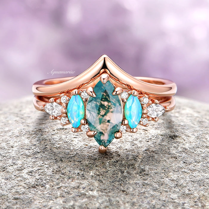 Emerie Moss Agate & Opalescent Sapphire Ring Set in 14K Rose Gold Vermeil - Elegant Stackable Rings for Women, Perfect for Weddings, Anniversaries & Everyday Wear