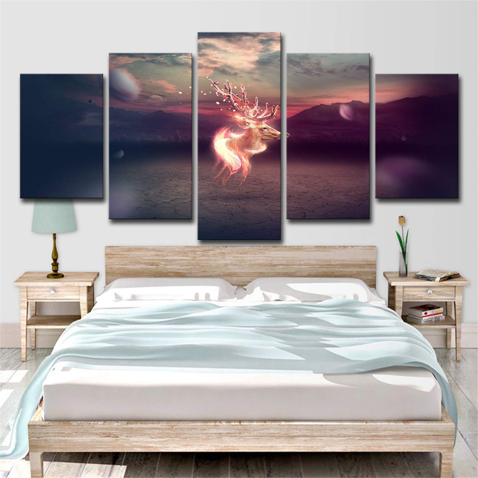 5 Panel Wall Art Oil Painting - Modern Sika Deer HD Canvas Prints - Framed Ready to Hang Home Decor (100x200cm) - Perfect for Living Room, Bedroom & Office Decoration