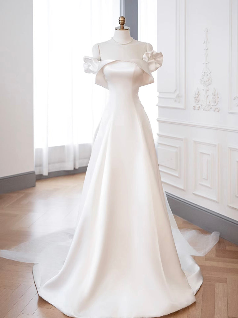 Elegant A-Line Off Shoulder Satin Ivory Long Prom Dress - Formal Evening Gown for Homecoming, Wedding & Special Occasions