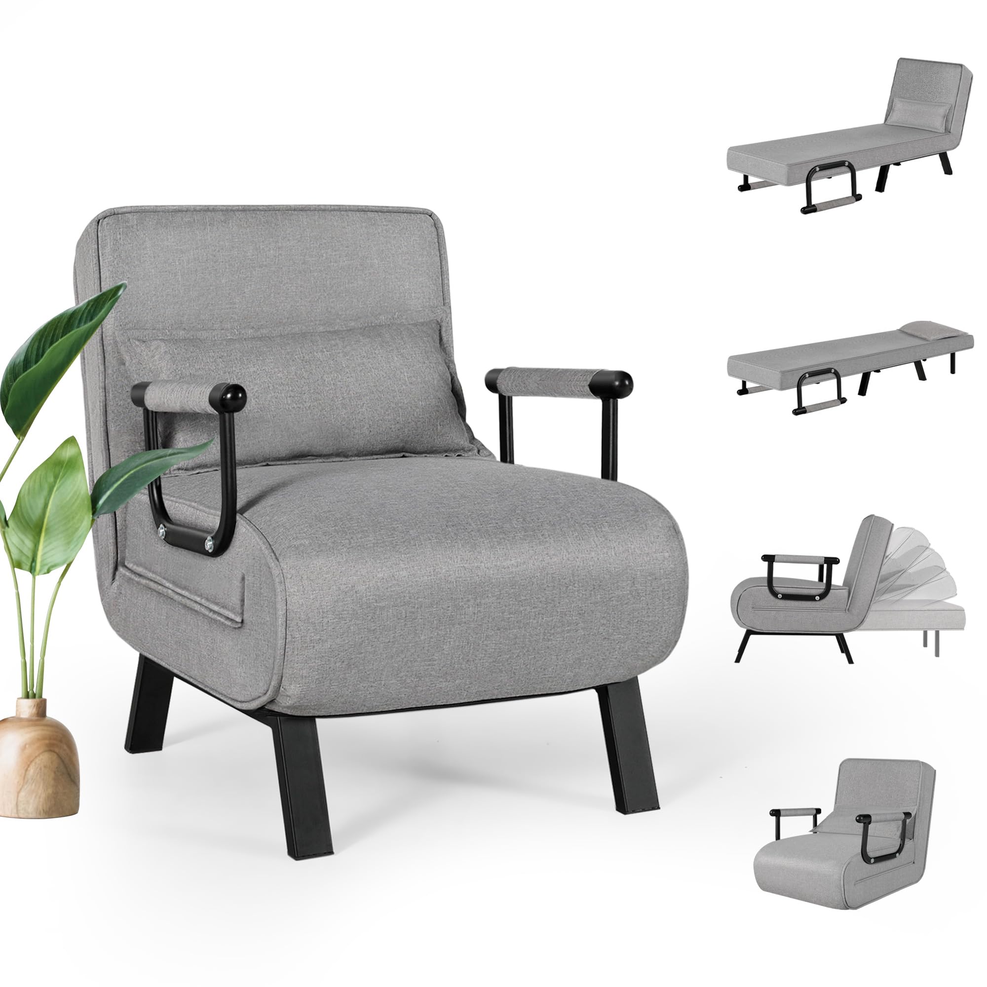TYBOATLE 5-in-1 Folding Chair Bed - Convertible Sleeper Sofa with Adjustable Backrest & Pillow - Space Saving Futon for Small Apartments, Office, Guest Room - Light Grey - Perfect for Lounging, Napping & Extra Sleeping Space