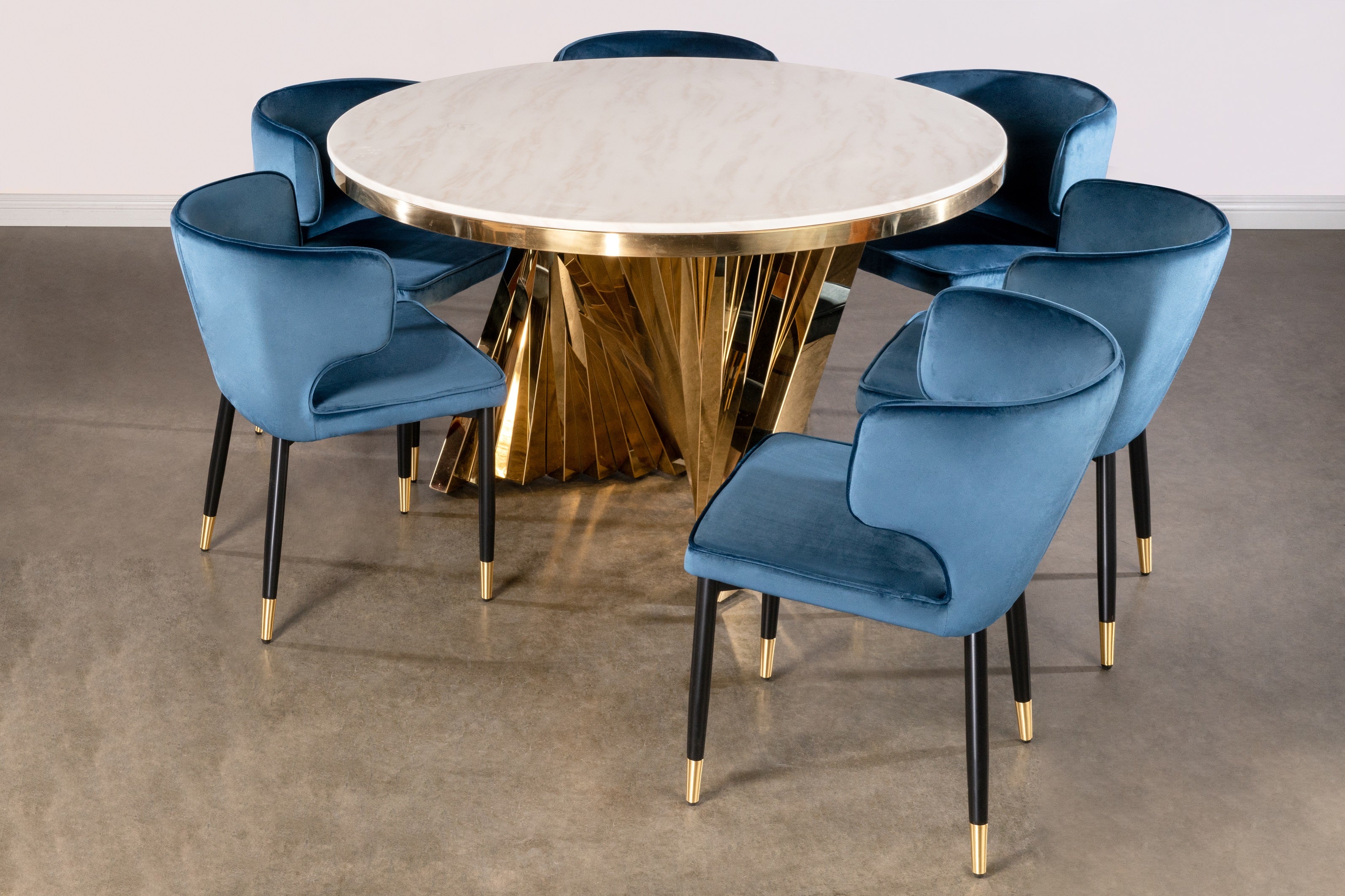 Blue Round Waterfall Dining Table Set for 6 - Modern Outdoor Patio Furniture for Garden, Deck, and Backyard Entertaining