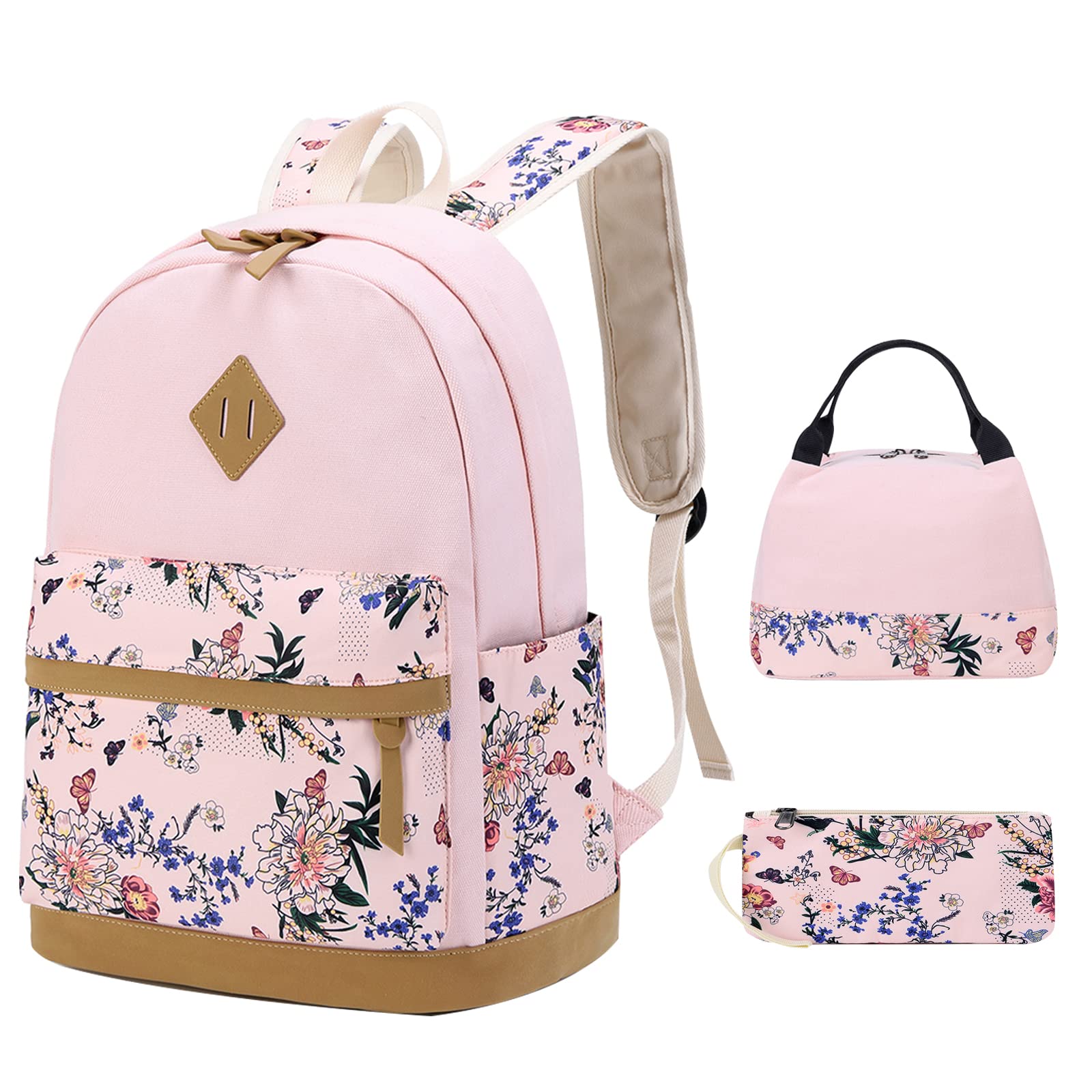 Sunborls Lightweight Backpack for Teen Girls & Women - High Capacity School Bookbag with Lunch Bag & Pencil Case (3-Piece Set, Pink) - Perfect for Middle School, College & Travel