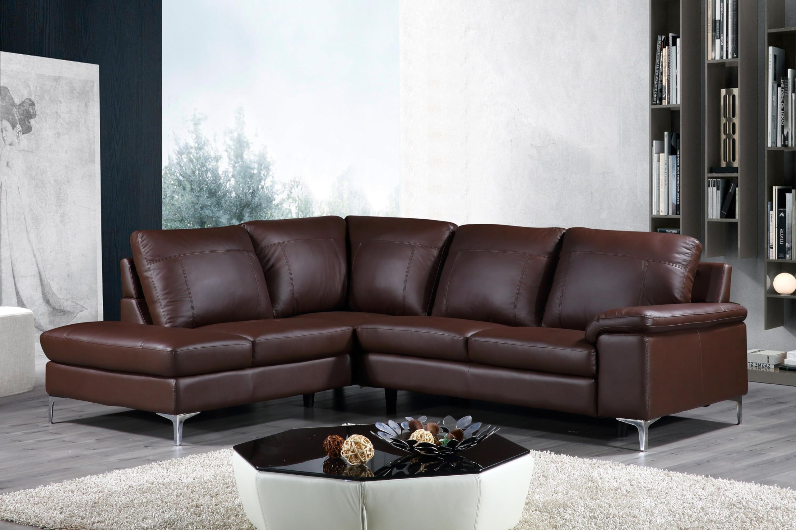 Cortesi Home Dallas Leather Sectional Sofa with Left Chaise - Brown Leather Living Room Couch for Modern Home & Lounge Comfort